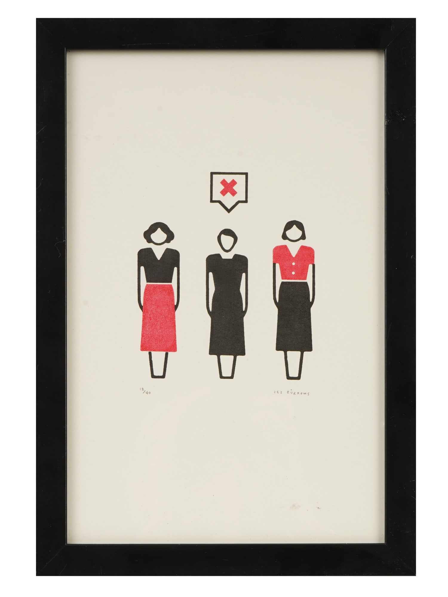 LTD BRITISH COLOR LITHOGRAPH BY JEZ BURROWS SIGNED: Jez Burrows, British, born 1986, a limited edition color lithograph on paper depicting three stylized female figures. Signed in pencil, lower right. Numbered in pencil, 18 of 40, lower left. Framed. J
