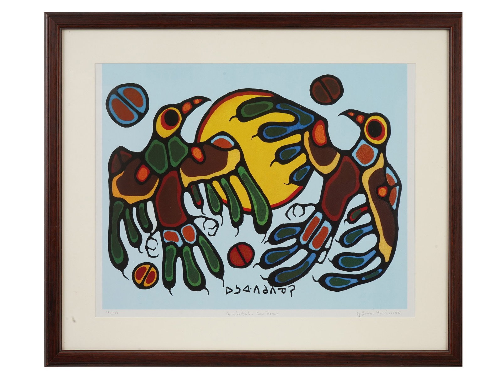 CANADIAN LITHOGRAPH SIGNED NORVAL MORRISSEAU: Signed Norval Morrisseau, also known as Copper Thunderbird, Canadian, 1932 to 2007, a color lithograph print titled Thunderbirds Sun Dance. Signed in pencil lower right and numbered 184 of 950. Matted