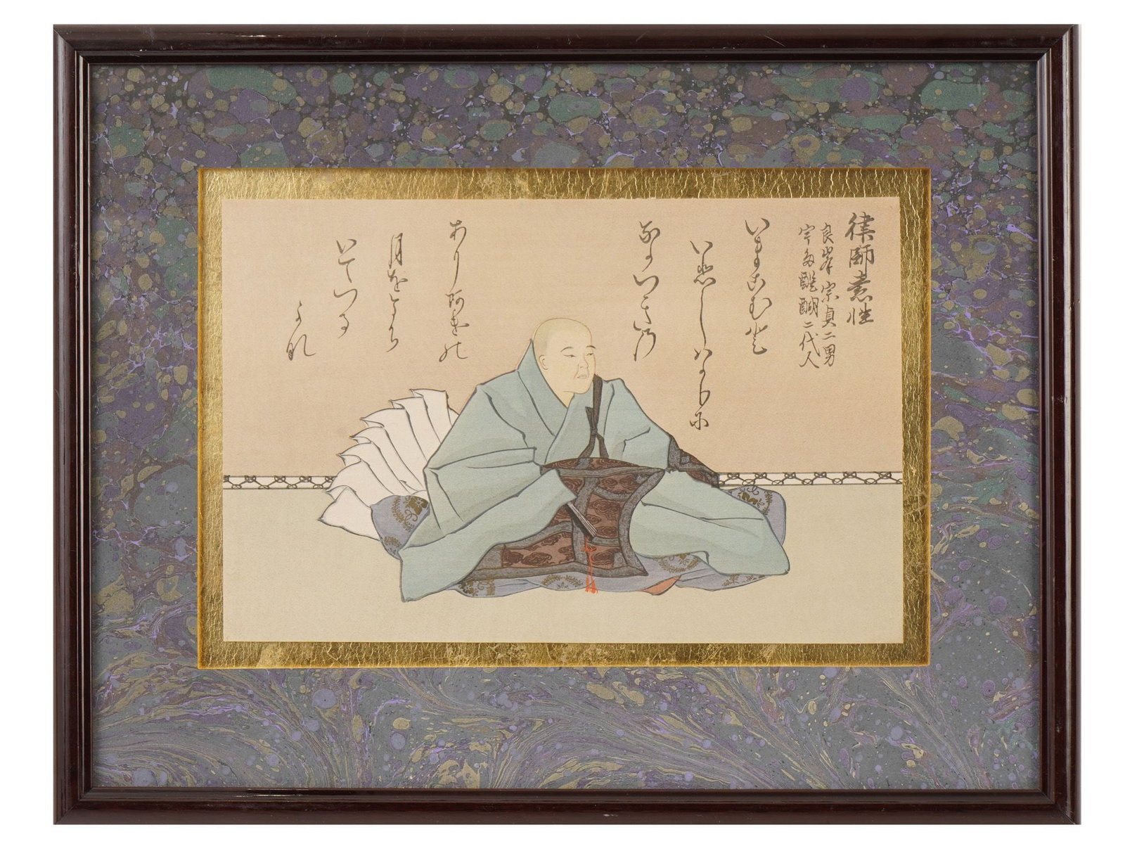 JAPANESE POET SOSEN WOODBLOCK BY FUJIWARA NO NOBUZANE: A fine Japanese color woodblock print The Poet Sosen, originally based on a painting by courtier and artist Fujiwara no Nobuzane, 1176 to 1265, from the series 36 Celebrated Poets. Circa the early 20t