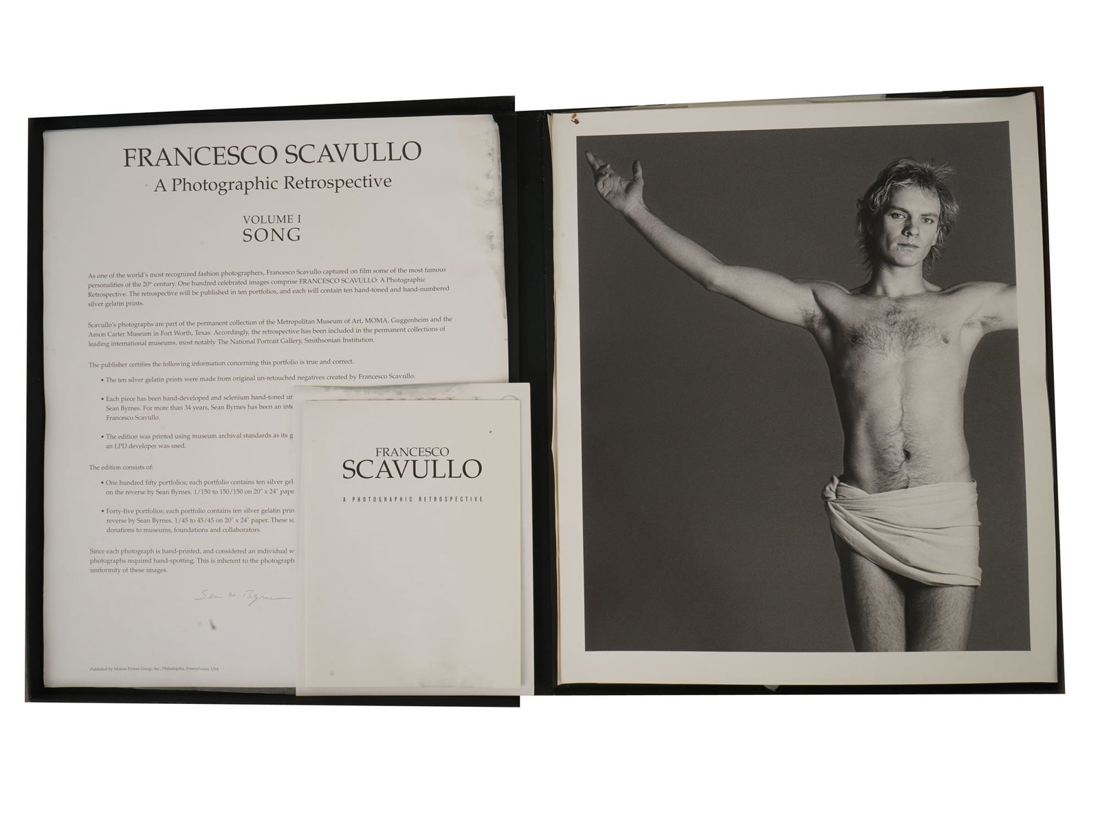 LTD FRANCESCO SCAVULLO PHOTOGRAPHIC RETROSPECTIVE: A limited edition portfolio, Francesco Scavullo: A Photographic Retrospective, Volume I: Song, containing printed editions of celebrity photographs. The first part of the retrospective is entirely ded