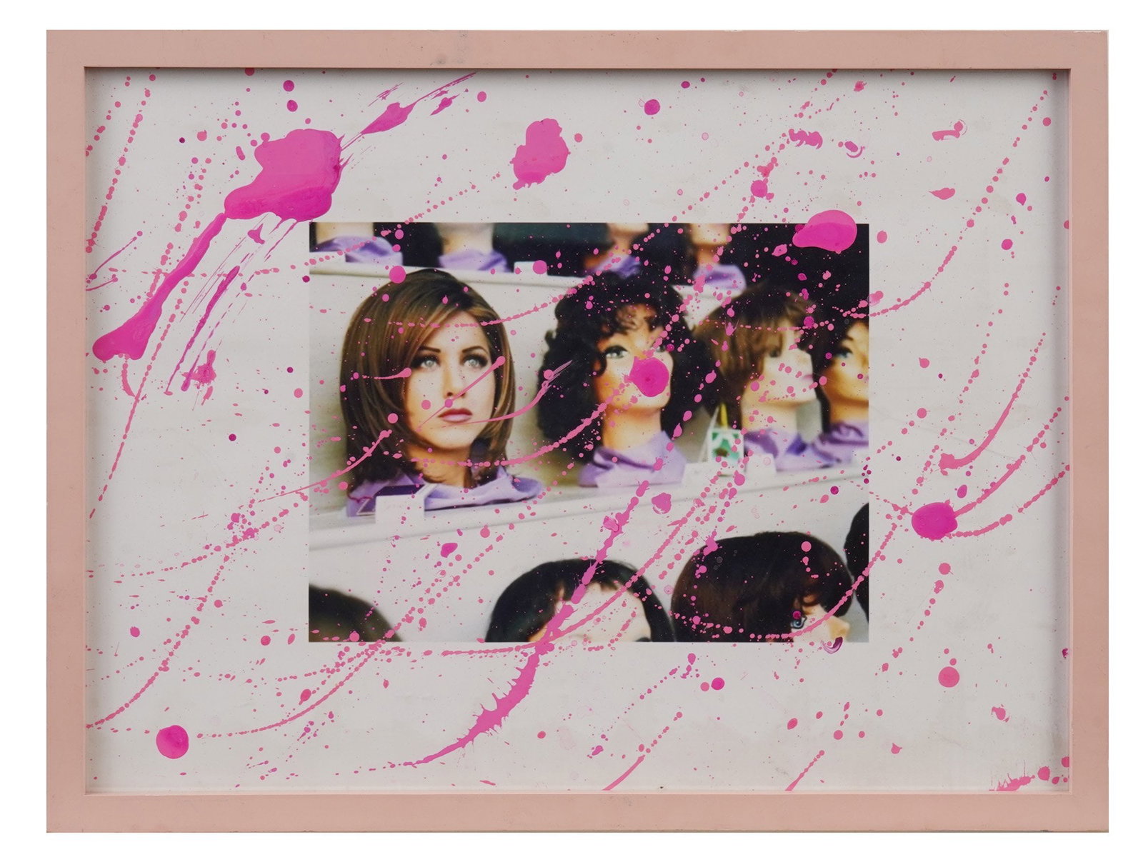 JENNIFER ANISTON PHOTO AFTER ROBERT TRACHTENBERG: A vintage mixed media Pop Art artwork using a photograph of actress Jennifer Aniston taken by Robert Trachtenberg, and complemented by splashes of pink paint. Circa mid 1990s. The original photograph 