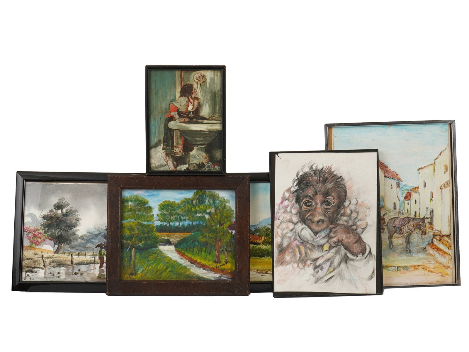 LOT OF VINTAGE LANDSCAPE PAINTINGS ON PAPER: A lot of six vintage paintings. Mixed media on paper, two donkeys in cityscape scenery, signed Voytek, 1978 lower right. Mixed media on paper, after Leon Bonat's Roman Girl at a Fountain, signed lower