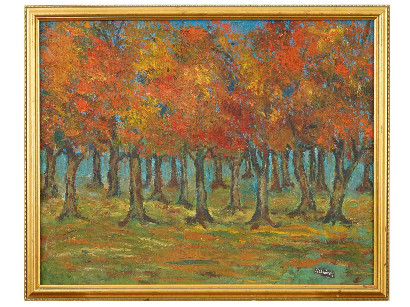 FOREST LANDSCAPE OIL PAINTING SIGNED POLITINSKY: An oil on canvas painting depicts a dense autumnal forest scene rendered with expressive impasto brushwork and a vibrant palette of orange, red, and ochre foliage. The composition is defined by a rhyt