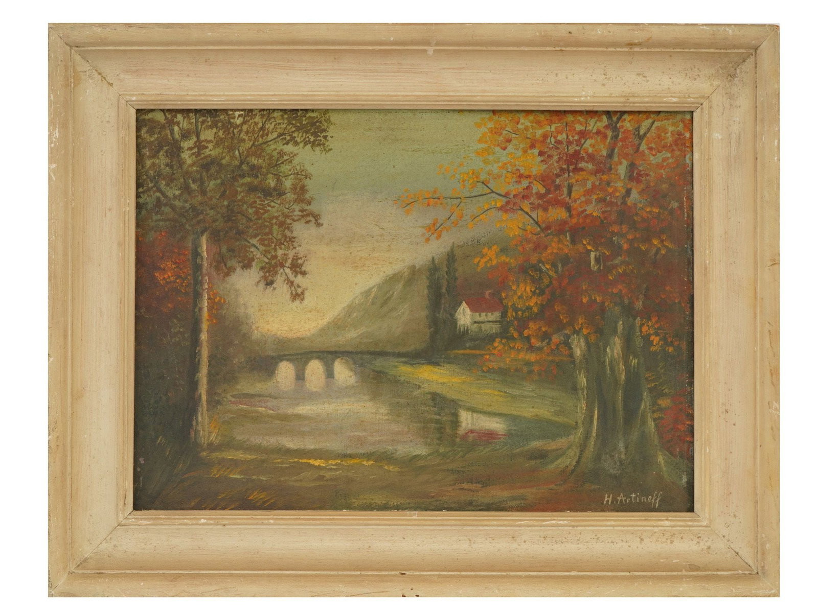 MID CENTURY LANDSCAPE PAINTING SIGNED H. ARTINOFF: A mid-century oil landscape painting on canvas laid over board signed H. Artinoff lower right. The composition depicts a serene autumn scene with a river, bridge, and clustered houses. Framed. Mid Cen