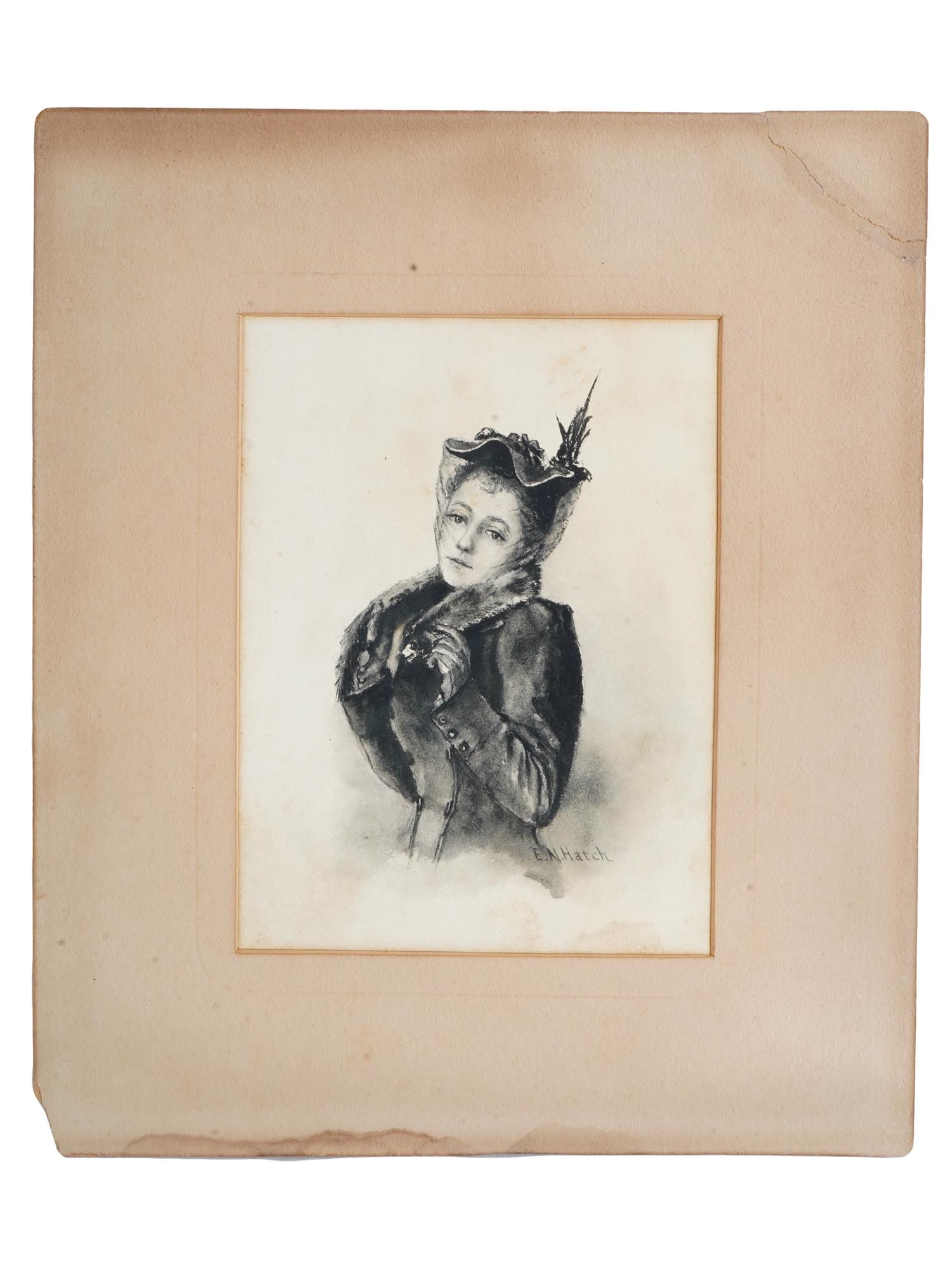 MIXED MEDIA PAINTING ON PAPER BY E N HATCH: A mixed media painting on paper by E. N. Hatch. The painting depicts a young woman with a thoughtful look, dressed in the fashion of the early 20th century in a warm autumn dress with a fur collar and