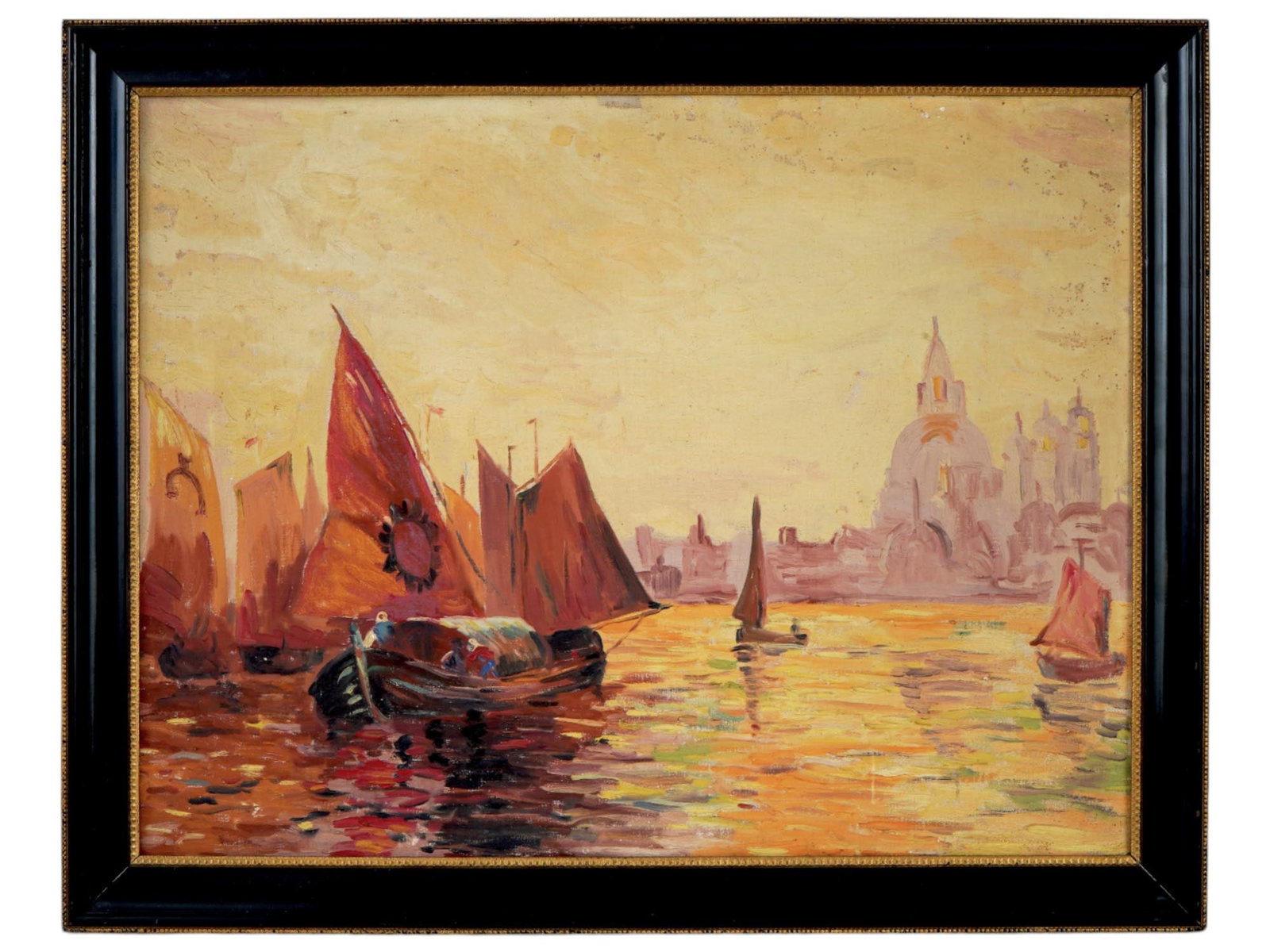VINTAGE EUROPEAN SCHOOL OIL SEASCAPE PAINTING: A vintage European school oil on canvas seascape painting presumably of Italian origin. Early to mid-20th century. The painting, painted in a warm color palette, depicts sailing ships on the water. Ca