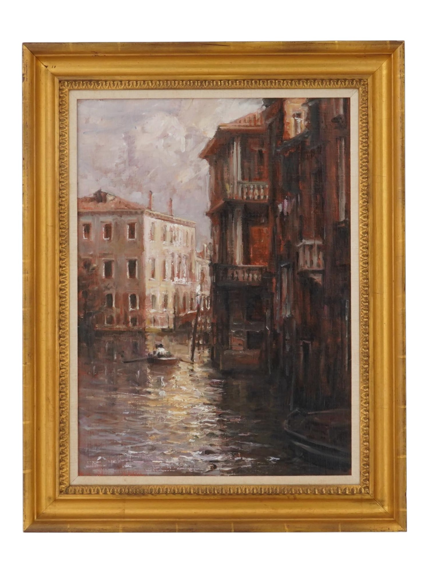 HENRY THOMAS CLARK AMERICAN LANDSCAPE OIL PAINTING: Henry Thomas Clark, American, 1929 to 2000, oil on canvas painting. The artwork depicts a Venetian canal. Unsigned, Undated. Gilt frame with linen matte. Gallery North Star label on the backside. Prov