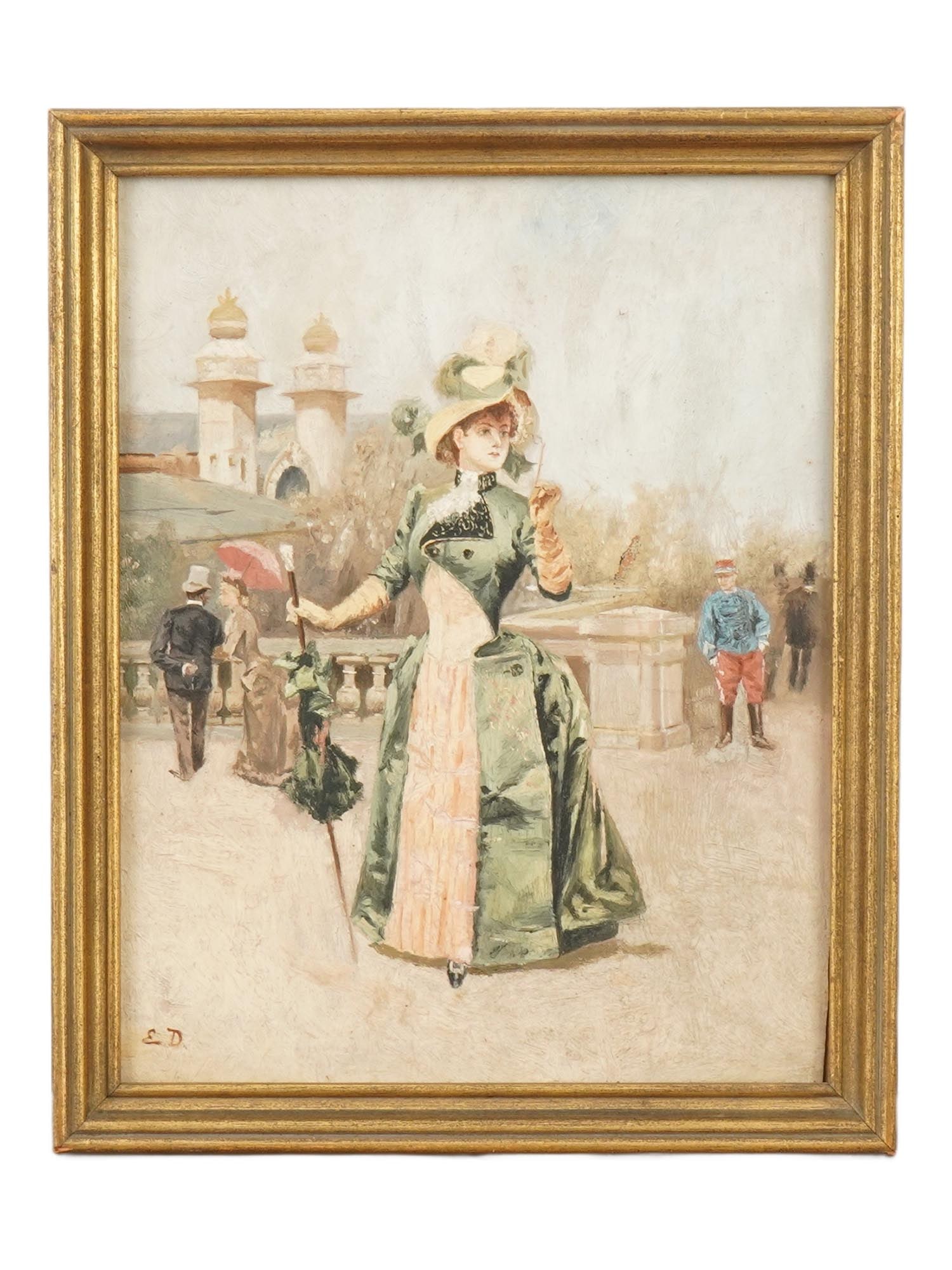 PAINTING AFTER LUDOVICO MARCHETTI LADY IN THE PARK: An oil painting on board of a woman, signed with the initials E.D. lower left, executed after Ludovico Marchettis celebrated composition Elegant Lady in the Park. The scene depicts a refined 19th-cent