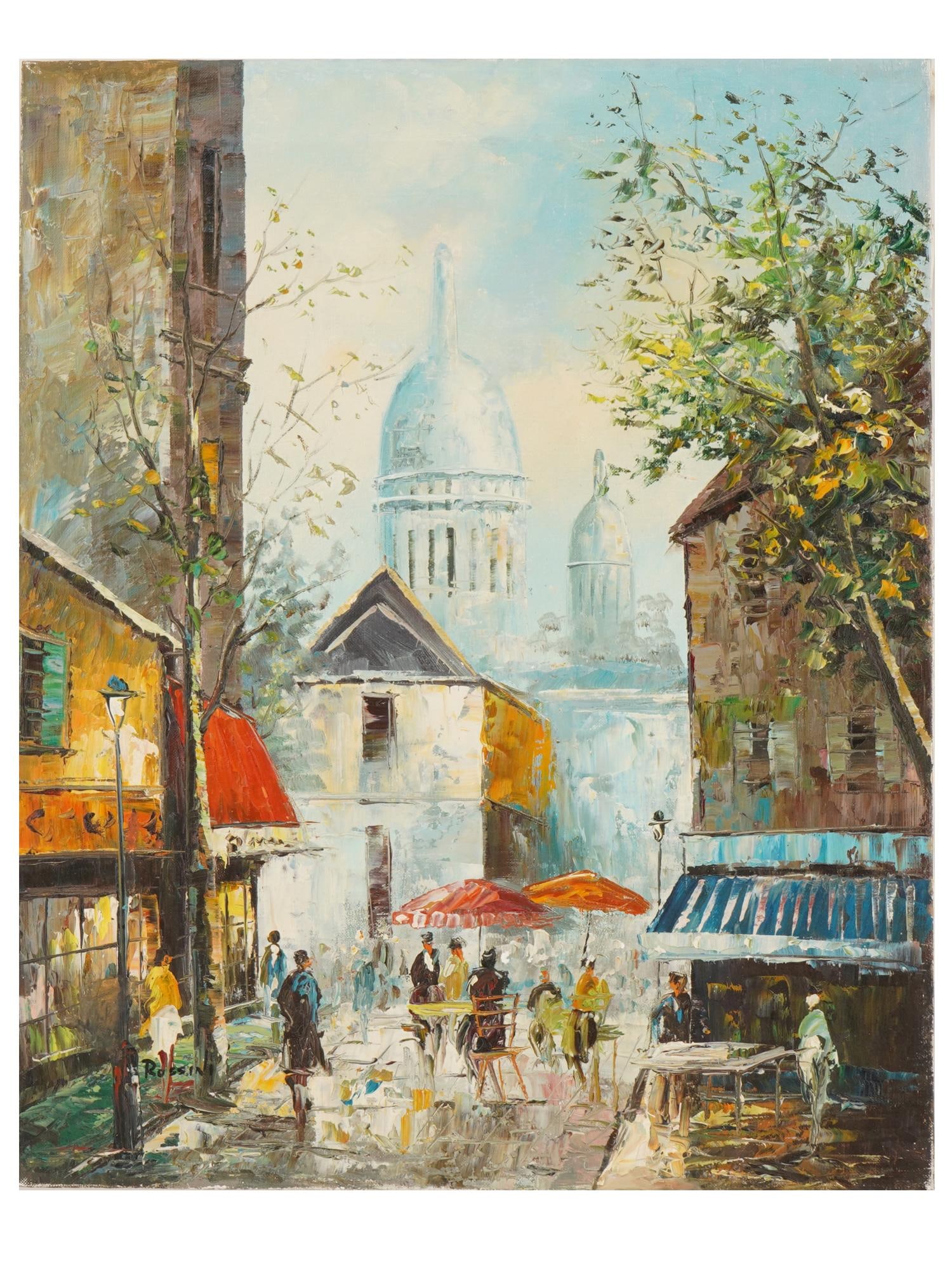 SIGNED ROSSINI VINTAGE EUROPEAN OIL CITYSCAPE PAINTING: A vintage European oil on canvas cityscape painting signed Rossini. Circa the late 20th century. The painting depicts a busy Parisian street in the Montmartre district with a view of the Sacré-Coeur 