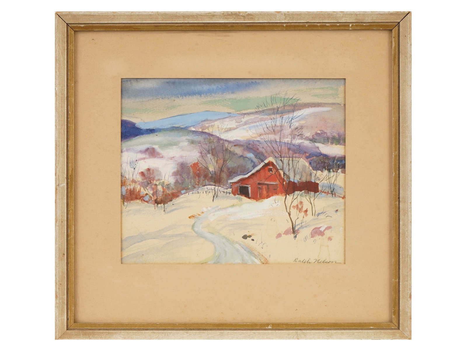 AMERICAN LANDSCAPE MIXED MEDIA PAINTING BY RALPH NELSON: Ralph Nelson, American, 1885 to 1953, a mixed media painting on paper depicting a rural winter landscape. Signed lower right. Framed. Ralph Lewis Nelson was an American painter and illustrator, best k