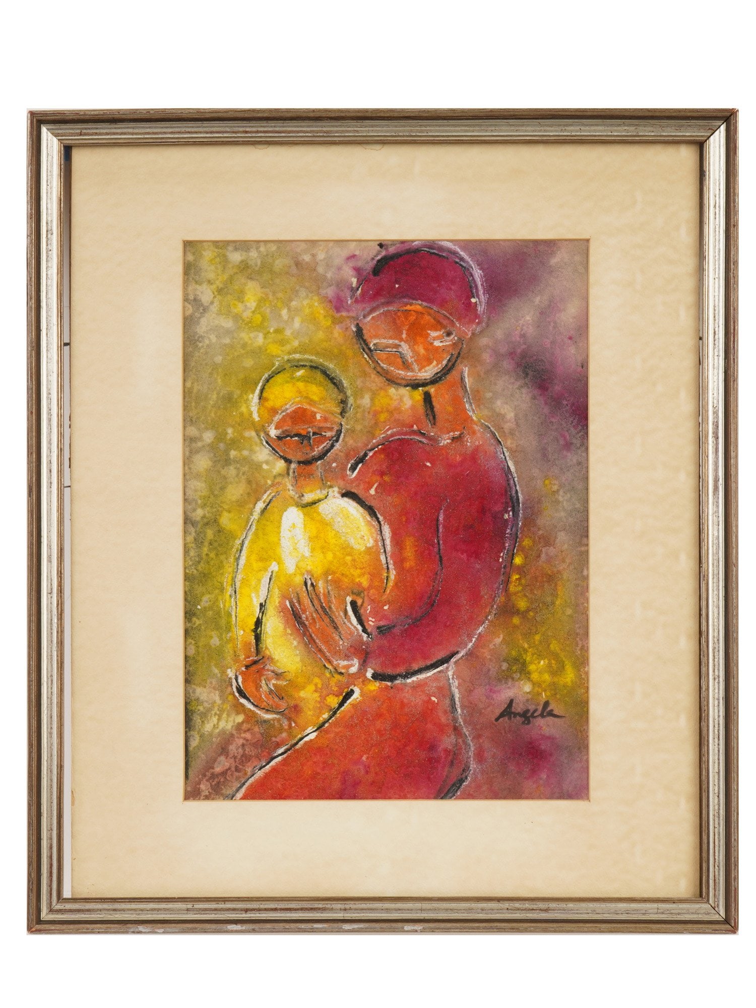 ANGELA NAMMACK SPANISH MIXED MEDIA MOTHER AND CHILD: Angela Nammack, Spanish, 20th-21st century, sand and acrylic painting on paper. Mother and child. Abstract pictorial manner. Signed lower right. Undated. Matted and framed. Collectible Fine Art, Conte