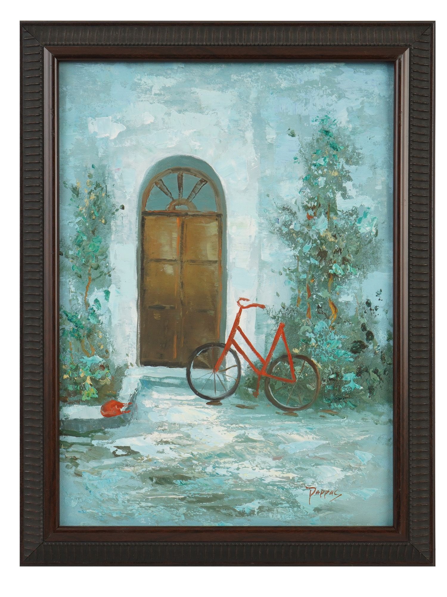 OIL PAINTING ARCHITECTURAL VIEW WITH RED BICYCLE SIGNED: An oil on canvas over board painting depicts a red bicycle resting against a light-colored wall beside a prominent arched wooden door. The composition is rendered in an impressionistic style with text