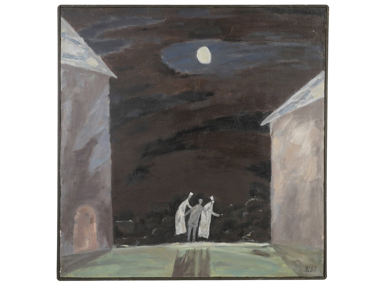 BELARUSIAN SCENE OIL PAINTING BY VLADIMIR KOZHUKH: Vladimir Vladimirovich Kozhukh, Belarusian, 1953 to 2017, an oil painting on canvas, Transfer of a Patient to Another Building. Signed with monogram and dated 87, lower right. Additionally inscribed, 