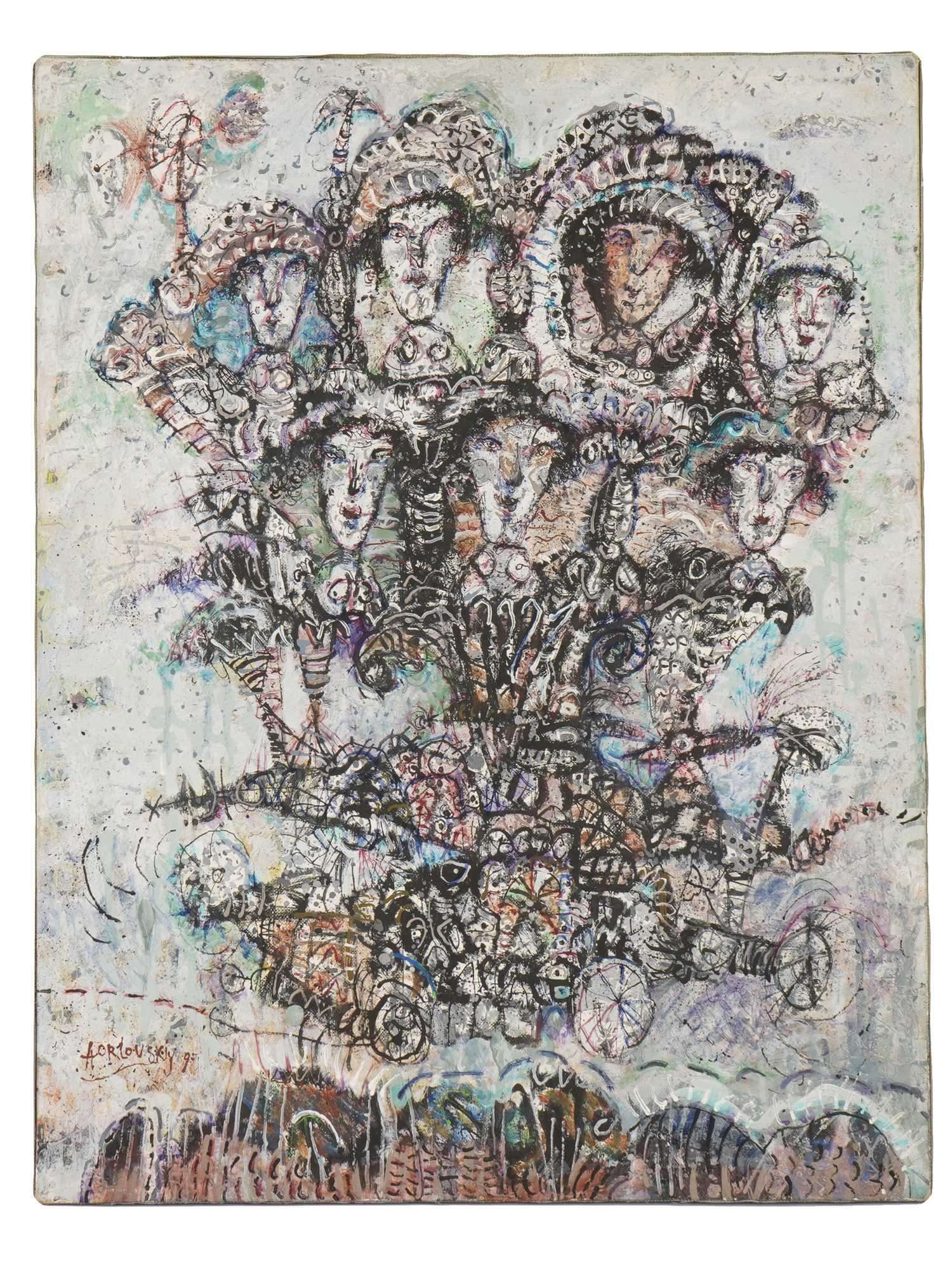 ABSTRACT MIXED MEDIA PAINTING BY A ORLOVSKIY: A mixed media painting on canvas signed A. Orlovskiy 95, lower right, features an intricate, multi-figured abstract composition. Depicts a dense cluster of stylized faces and forms with a muted, atmos