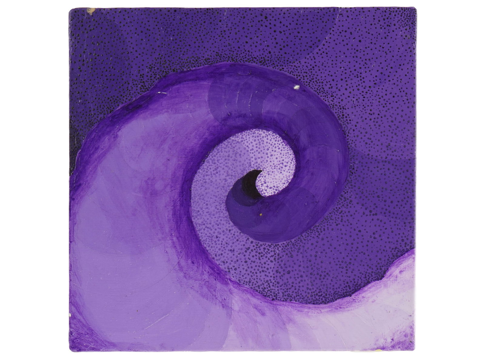 MODERN OIL PAINTING ON WOOD PANEL BY LUCY MAURIES: A modern oil painting on wood panel by Lucy Mauries, featuring a dynamic spiral composition rendered in a rich monochromatic purple palette. Inscribed on verso. Contemporary Paintings And Art Collecti