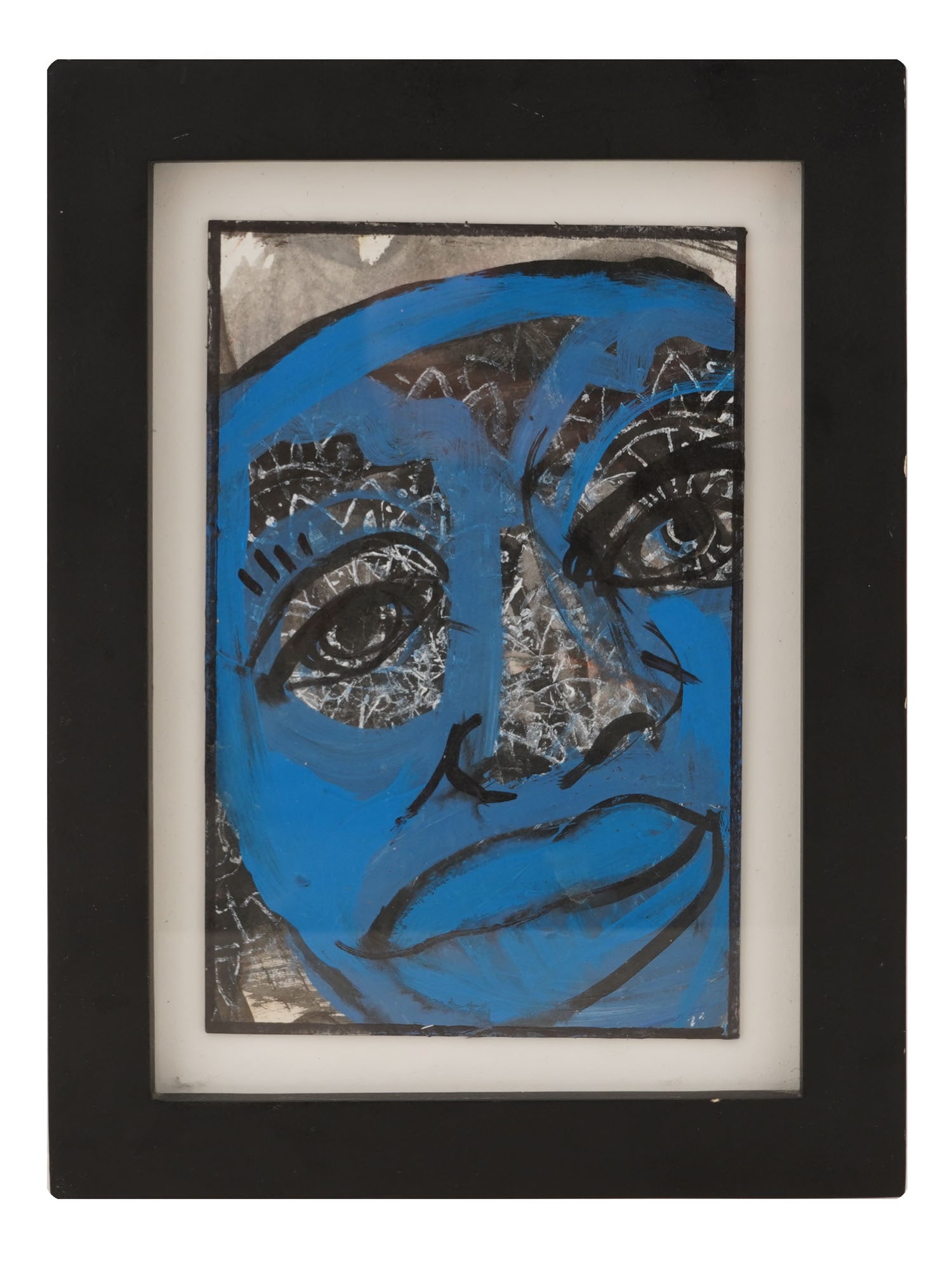 MIXED MEDIA ON PAPER PAINTING BY JANE HENDERSON: A contemporary mixed media on paper painting by Jane Henderson. The painting depicts an abstract expressionist portrait in a blue and black color palette. Matted and framed. Fine Art and Collectibles.