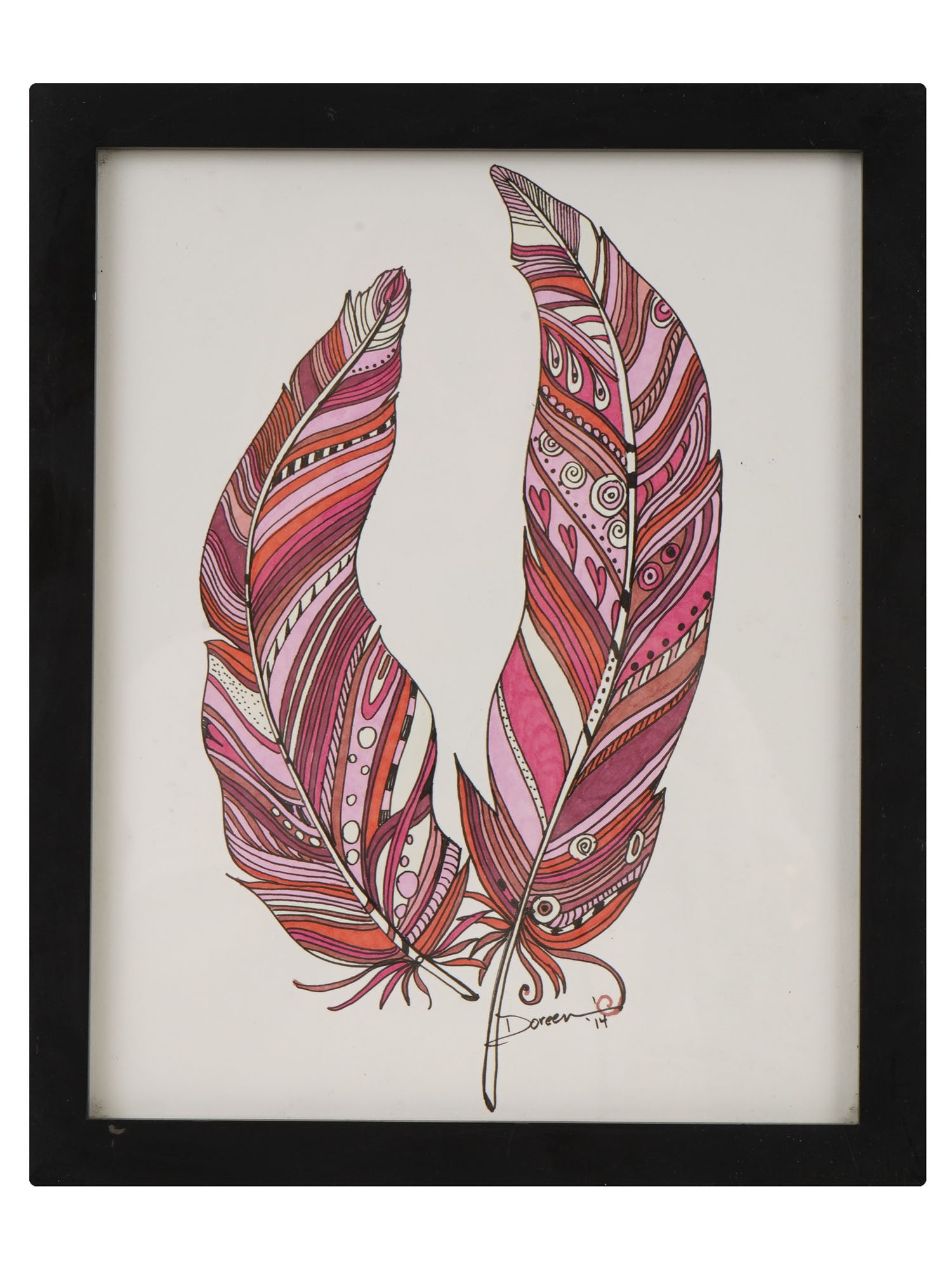 DECORATIVE FEATHERS DRAWING SIGNED DOREEN: Color markers drawing on paper. A pair of stylized feathers in pink color palette. Signed Doreen and dated 2014 lower right. Framed. Collectible Graphic Art, Wall Decor. THIS LOT IS ELIGIBLE FOR A 30-