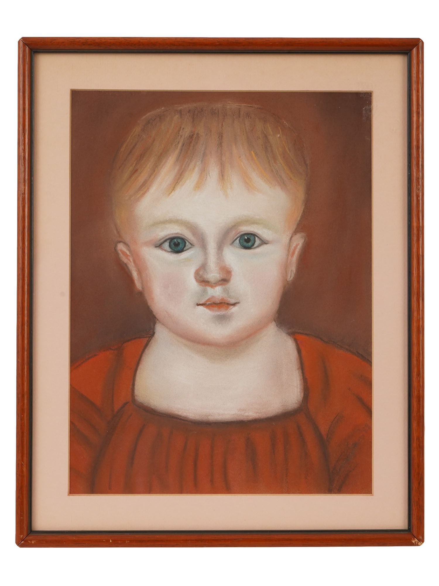 FOLK ART CHILDS PORTRAIT PASTEL PAINTING: Pastel painting on paper. American folk art style. A bust portrait of a child. Unsigned. Framed. Collectible Fine Art, Portraiture, Wall Decor. THIS LOT IS ELIGIBLE FOR A 30-DAY UNCONDITIONAL RETURN F
