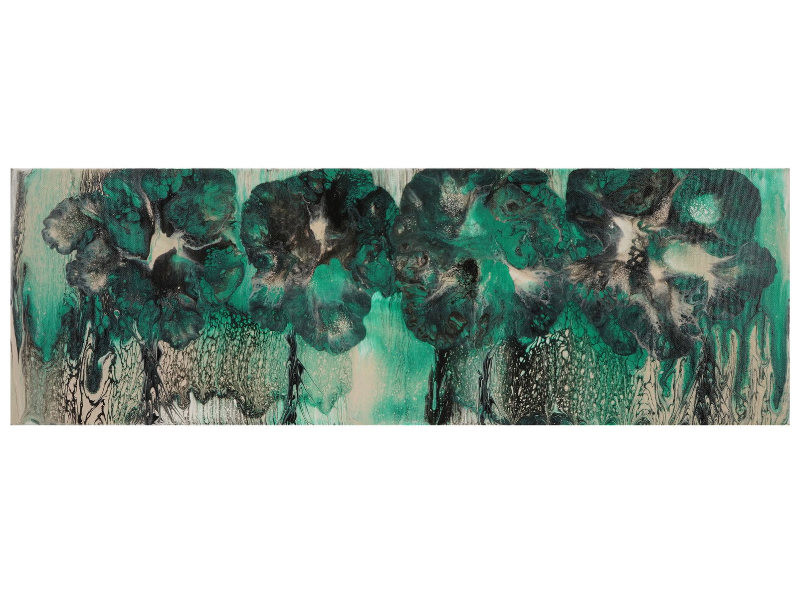ACRYLIC ABSTRACT PAINTING BY PAULA ROTHSTEIN: An acrylic on canvas abstract painting by Paula Rothstein. The elongated painting depicts flowers in dark green and black tones on canvas. Signed by the artist on the back side. Fine Art, Home Decor a