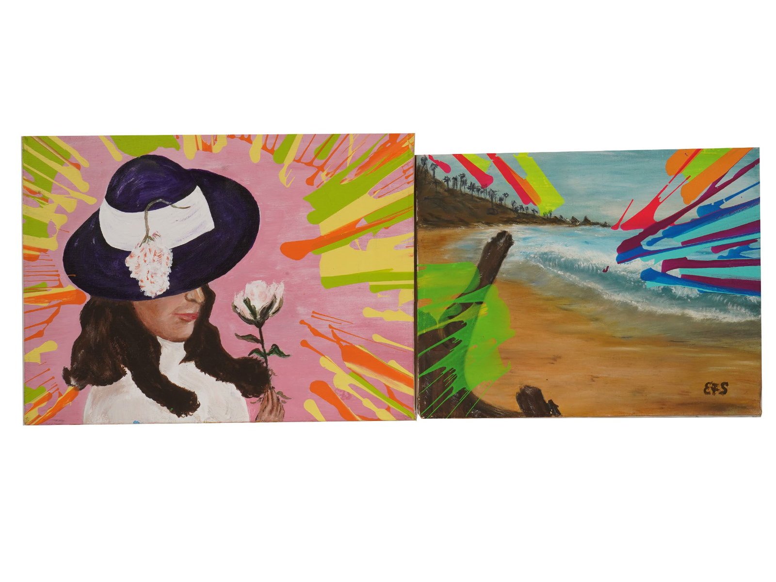 EXPRESSIONIST ACRYLIC PAINTINGS SIGNED EFS: Two expressionist acrylic paintings on canvas with paint splatters. One depicts a portrait of a man in a wide-brimmed hat, the other depicts a landscape. The landscape is signed with the initials EFS 