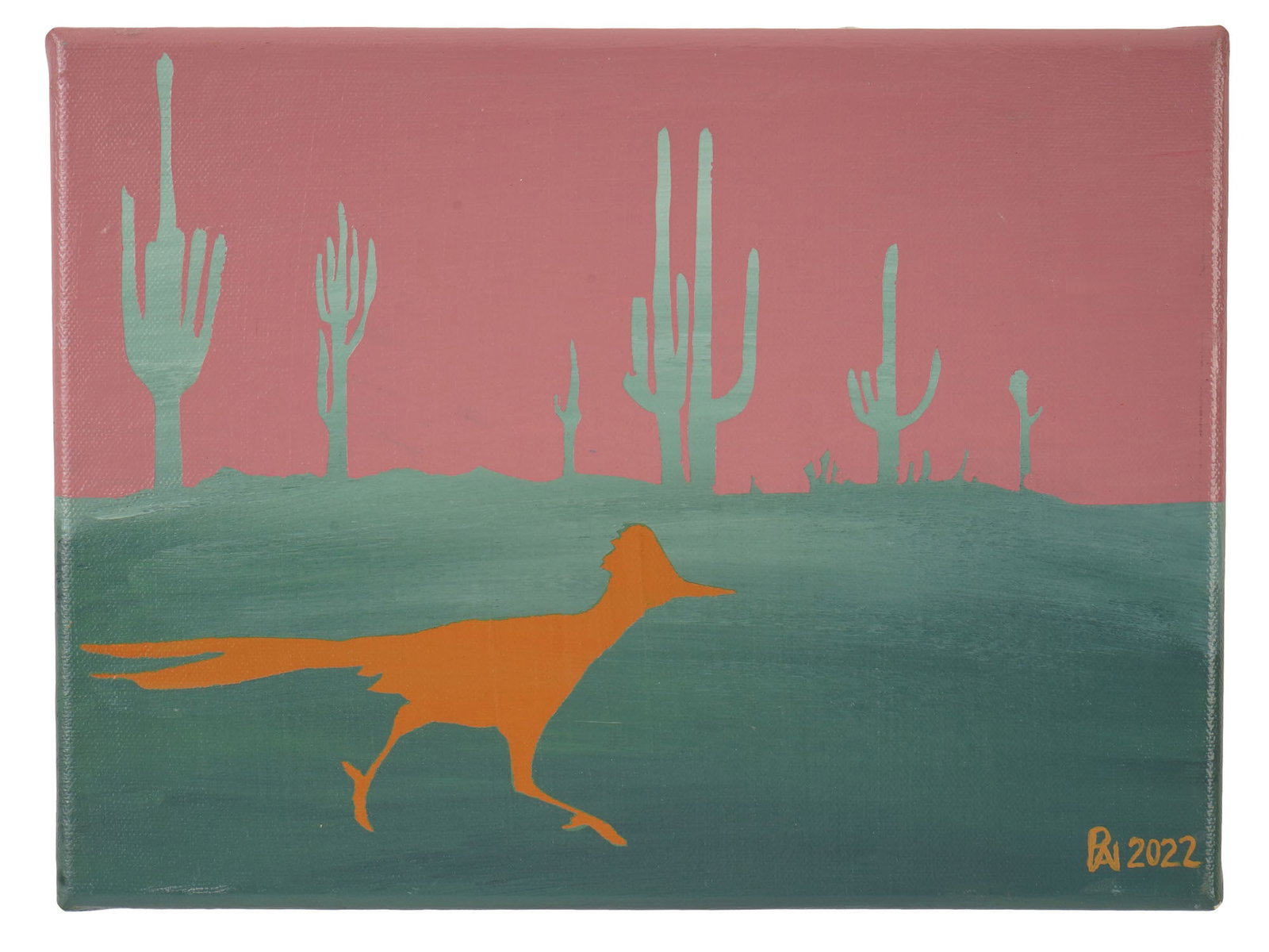 MODERN OIL ON CANVAS PAINTING BY PAI 2022: A modern oil on canvas painting by Pai, 2022. The painting depicts a desert landscape with cacti in the background and a Roadrunner bird. Signed and dated lower right. Contemporary Fine Art and Collec