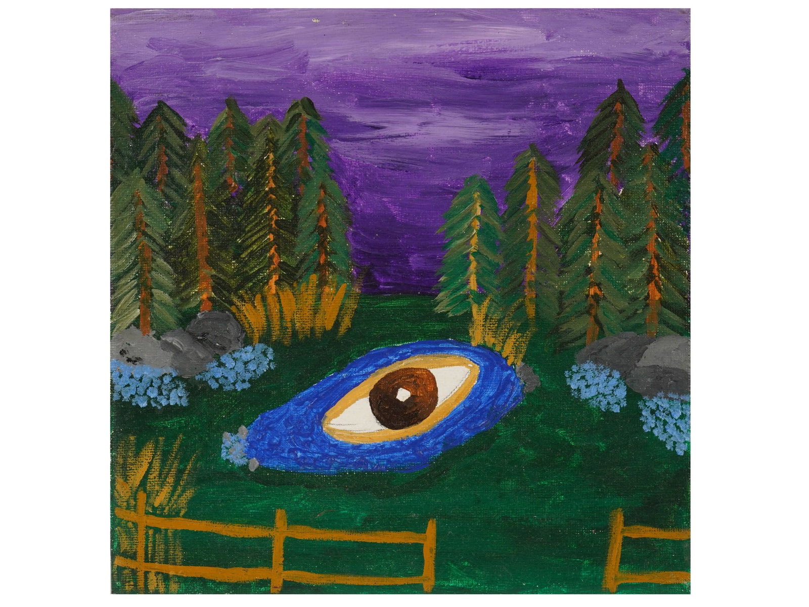 SIGNED ANTHONY MIRABELLA PRIMITIVIST OIL PAINTING: A contemporary primitivist oil painting on canvas depicting a surreal scene with a giant eye in a forest setting. Signed Anthony Mirabella on the back. Contemporary Fine Art and Collectibles. THIS LOT
