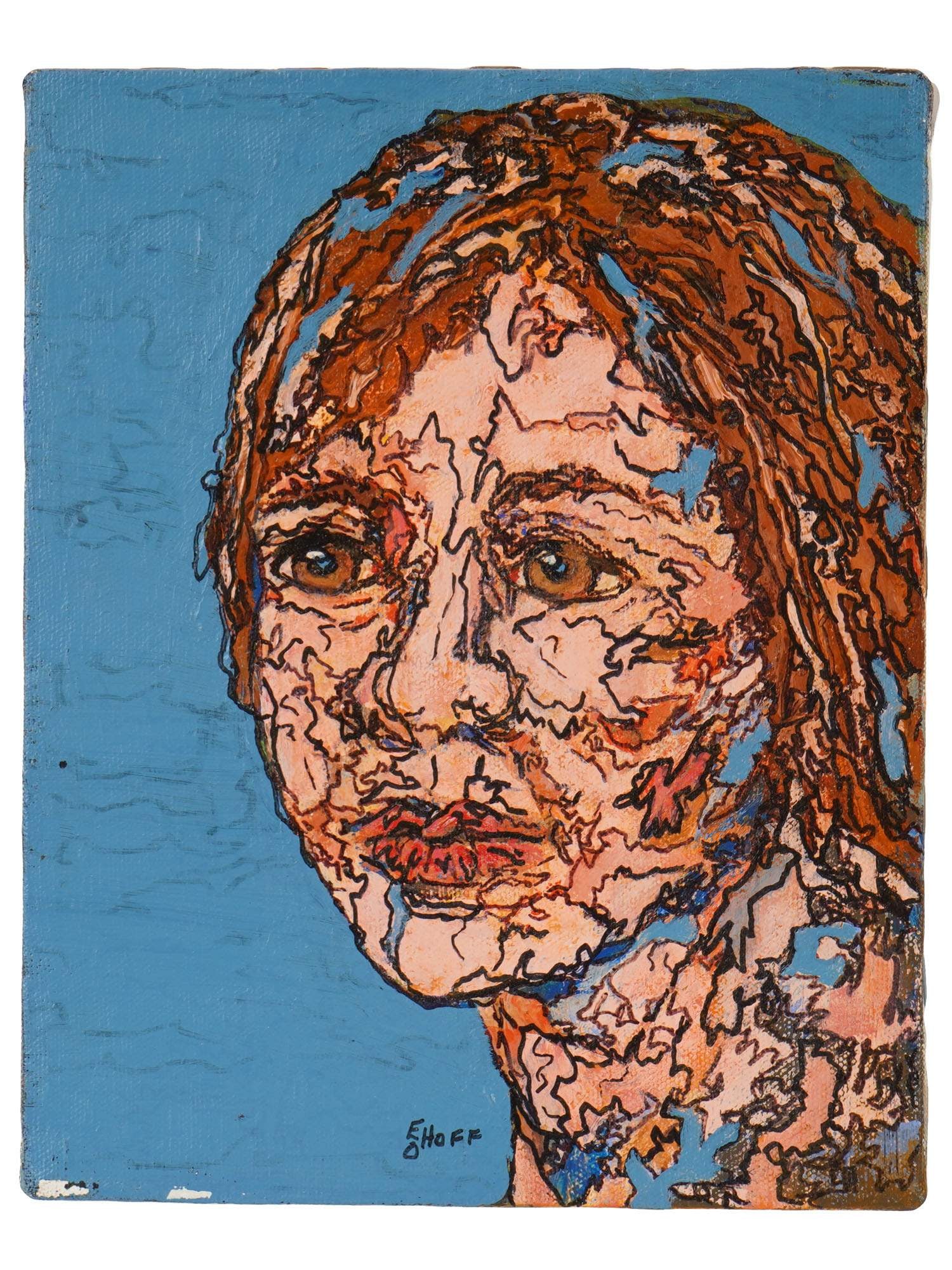 MIXED MEDIA PORTRAIT PAINTING SIGNED E O HOFF: A contemporary mixed media portrait painting. The expressionist painting depicts a female portrait, visually assembled from fragments of different colors. Signed E. O. Hoff lower center. Contemporary 