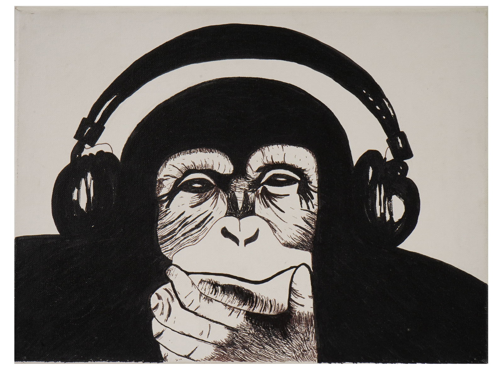 BANKSY STYLE MONKEY HEADPHONES ACRYLIC PAINTING: An acrylic painting on canvas depicting a portrait of a monkey wearing large over ear headphones in the style of Banksy. Unsigned. Street Art Style, Urban Art, Wold Animal Portrait Paintings, and Coll