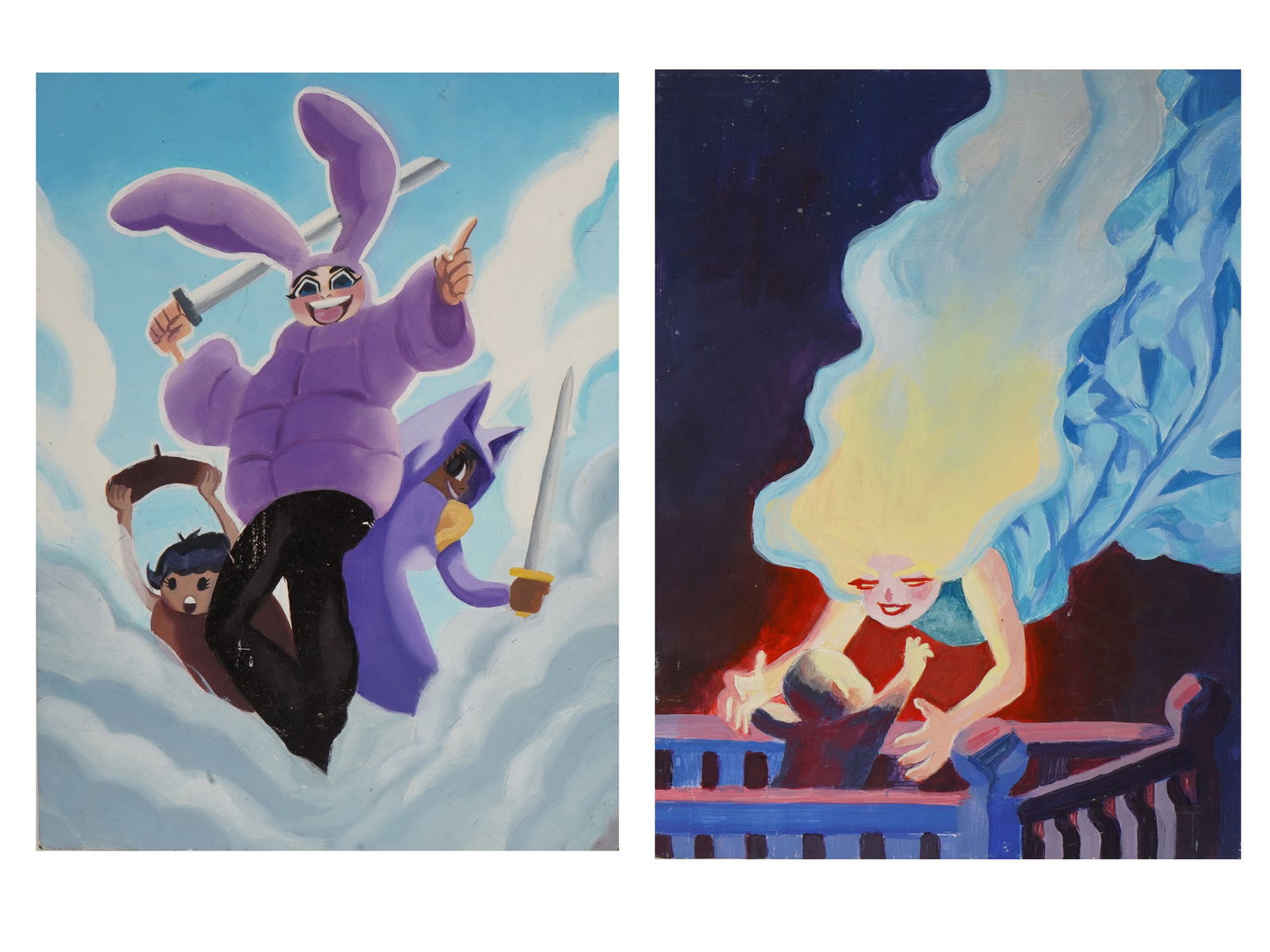 MODERN OIL PAINTINGS ATTR TO ANDREY MONTUFAR: A pair of modern oil paintings on wood panels attributed to Andrey Montufar. One depicts adventurous fantasy figures among the clouds, while the other presents a tender maternal scene beneath a star-f