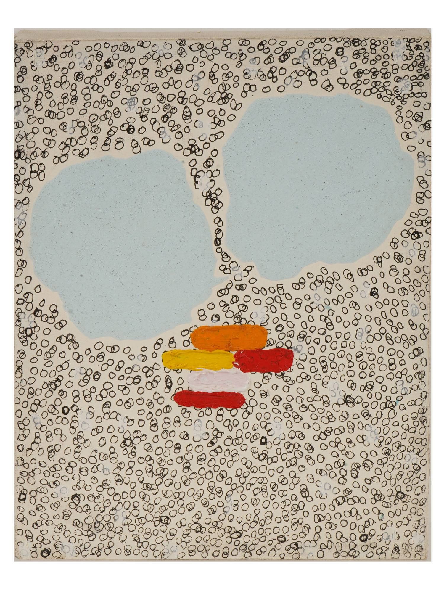 MODERN OIL AND INK PAINTING SIGNED ROB NADEAU 2004: A modern oil and ink painting on a panel. The composition combines intricate hand-drawn black linework with soft blue abstract forms and bold impasto accents in red, orange, and white. Signed Rob Nade