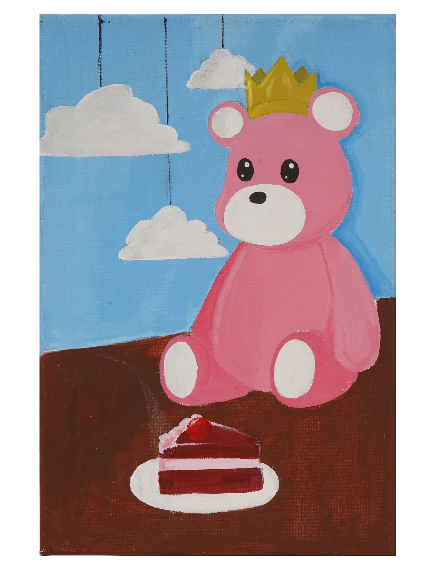 MODERN OIL PAINTING SIGNED ROSS PINK TEDDY BEAR: A modern oil painting on canvas depicting a whimsical pink teddy bear wearing a crown. The playful composition features a slice of cake in the foreground and stylized clouds set against a bright blue 