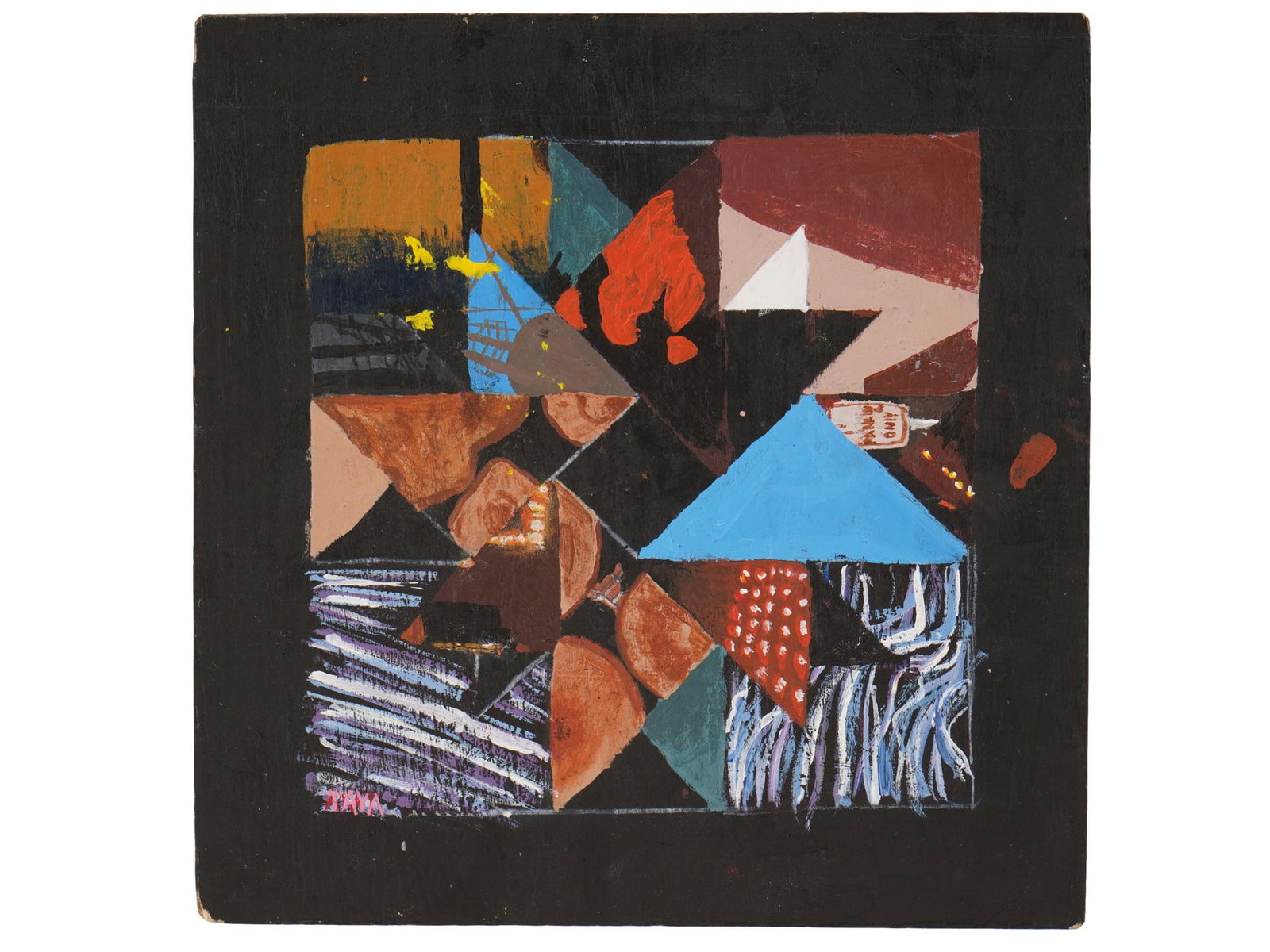 VINTAGE ABSTRACT OIL PAINTING SIGNED TAYA: Oil painting on wood panel. Abstract polychrome composition resembling a patchwork star pattern. Signed Taya lower left and on the backside. Dated late 20th century. Unframed. There is a suspension on