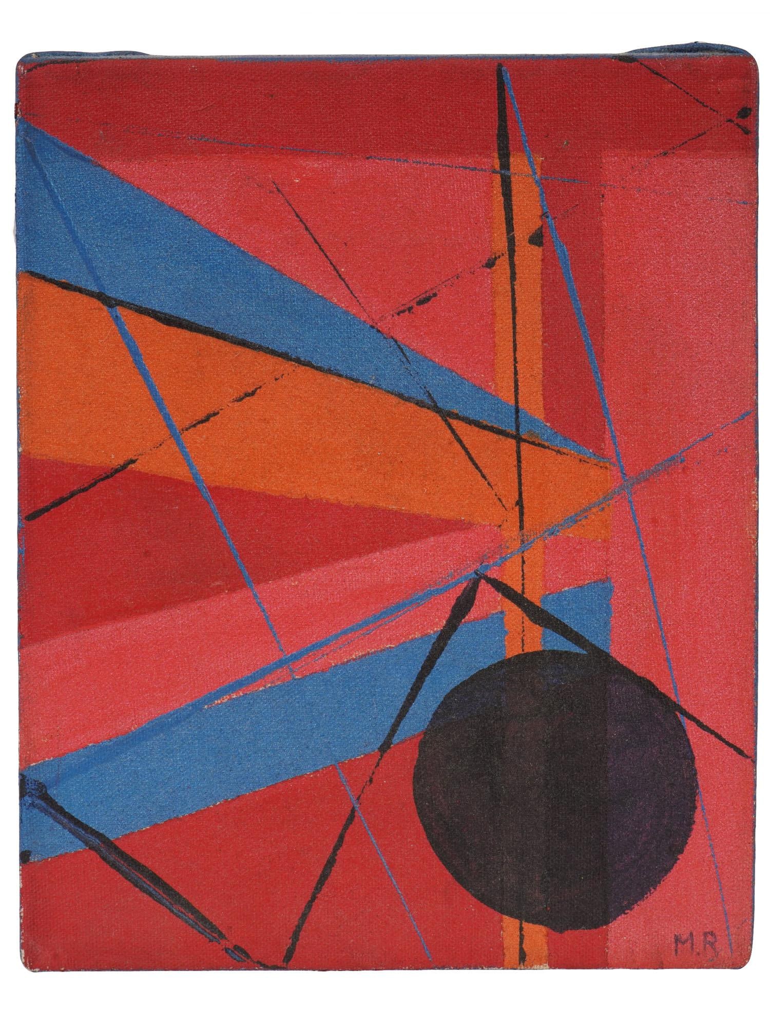 VINTAGE ABSTRACT ACRYLIC PAINTING SIGNED MR: Acrylic painting on canvas. Abstract geometrical composition in red, blue, and black. Signed with initials MR lower right. Undated, ca. mid to late 20th century. Unframed. Collectible Fine Art, Abstra
