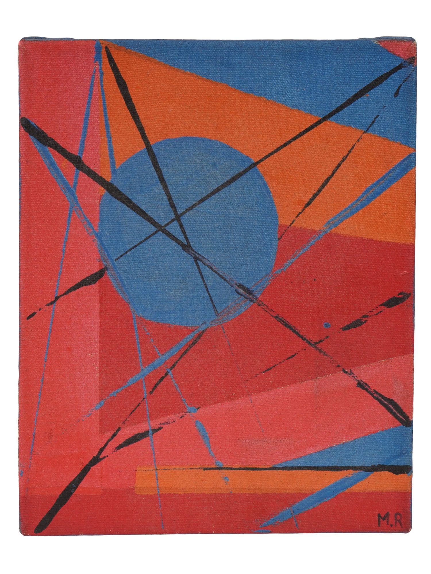 VINTAGE ABSTRACT ACRYLIC PAINTING SIGNED MR: Acrylic painting on canvas. Abstract geometrical composition in red, blue, and black. Signed with initials MR lower right. Undated, ca. mid to late 20th century. Unframed. Collectible Fine Art, Abstra