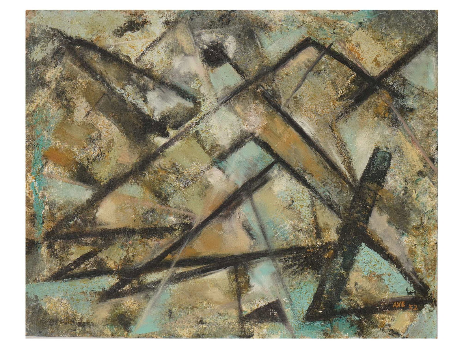 SIGNED AXE VINTAGE OIL ABSTRACT PAINTING 1952: A vintage mid century oil on canvas over board abstract painting. The work features a dynamic arrangement of heavy, dark linear forms that intersect across a field of muted ochre, sage green, and crea