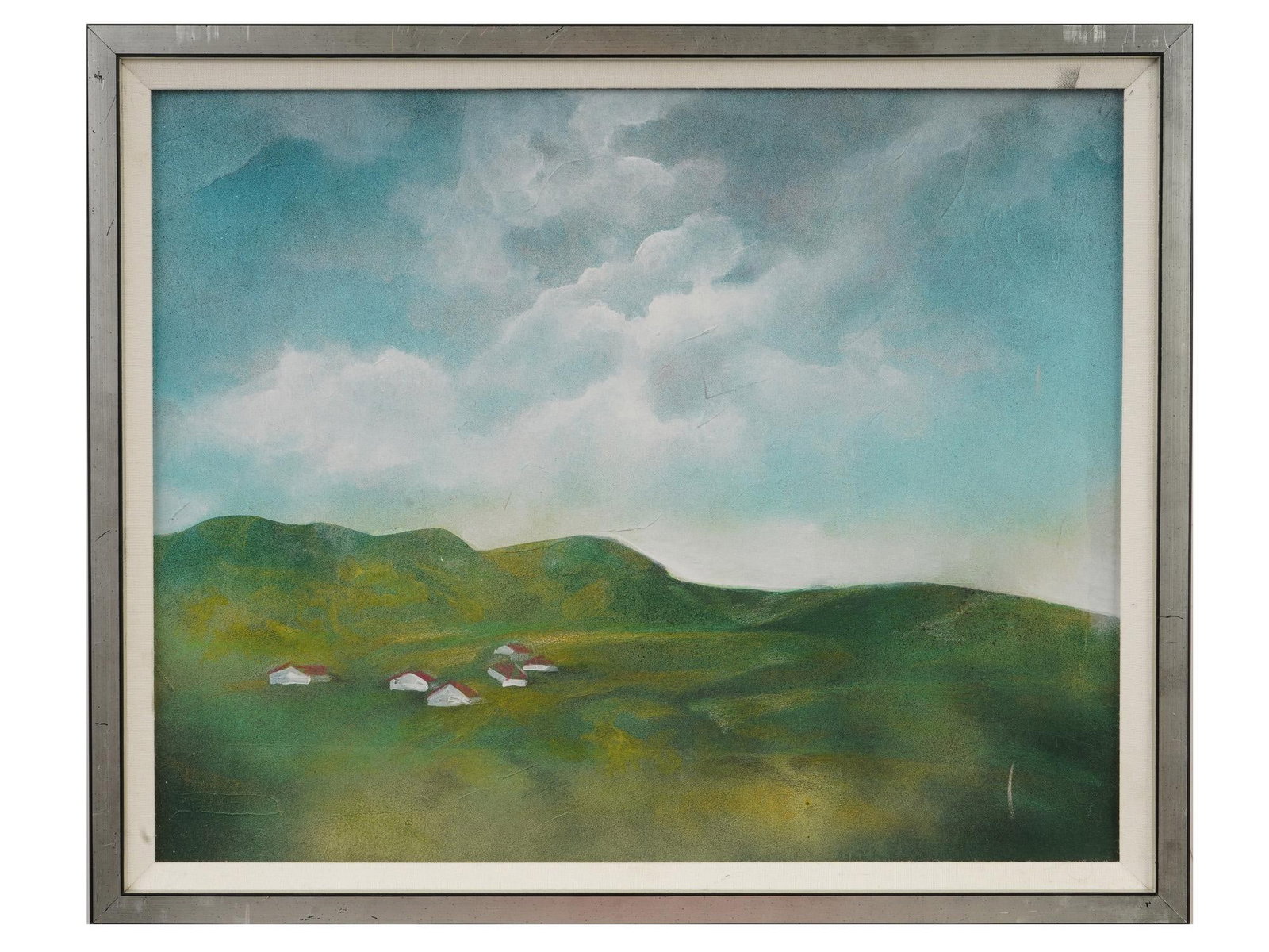 MICHAEL GLEIZER ITALIAN LANDSCAPE MIXED MEDIA PAINTING: Michael Gleizer, American, born 1946, mixed media painting on canvas. Minimalist landscape of a valley with a group of farm houses. Titled Toscana Landscape #1. Signed on the backside. Undated. Framed