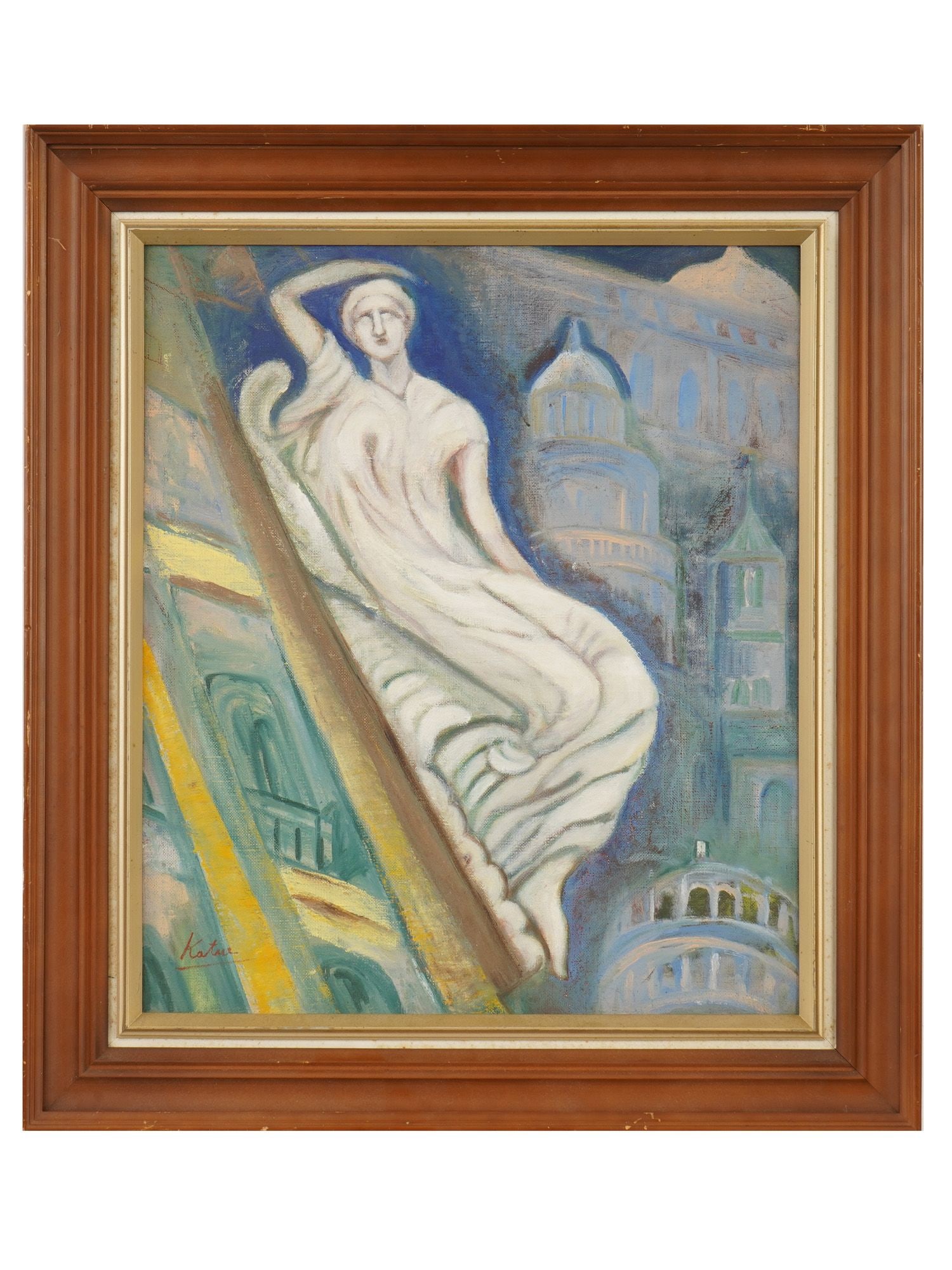 VINTAGE NEOCLASSICAL OIL PAINTING SIGNED: Oil painting on canvas. Neoclassical composition featuring a female sculpture and multiple overlayed architectural sctructures. Signed Kat lower left. Undated. Framed. Collectible Fine Art, Figurative