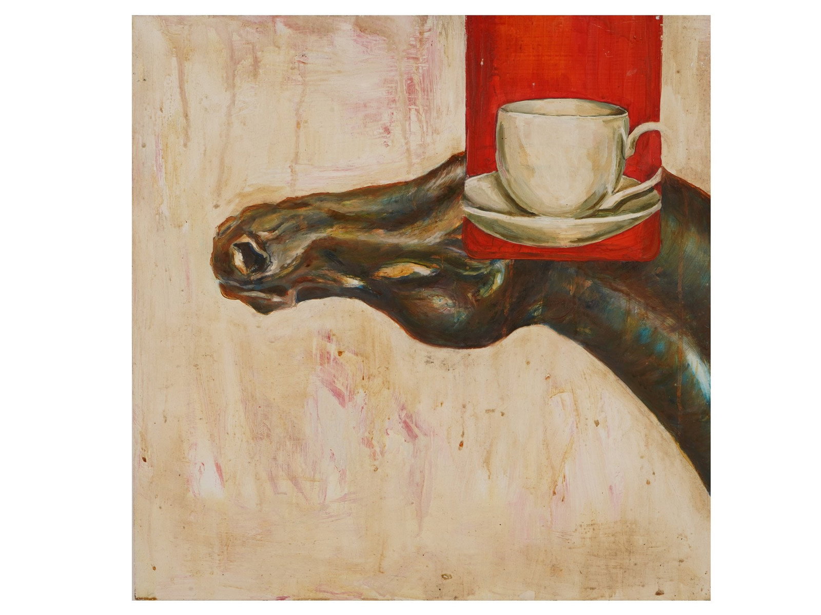 SIGNED KOJO GRIFFIN OIL ON WOOD BOARD PAINTING: A contemporary oil on wood board painting. Signed Kojo Griffin, born 1971 American artist, and titled Mornings are hard for me on the back side. The painting depicts a surreal double composition with 