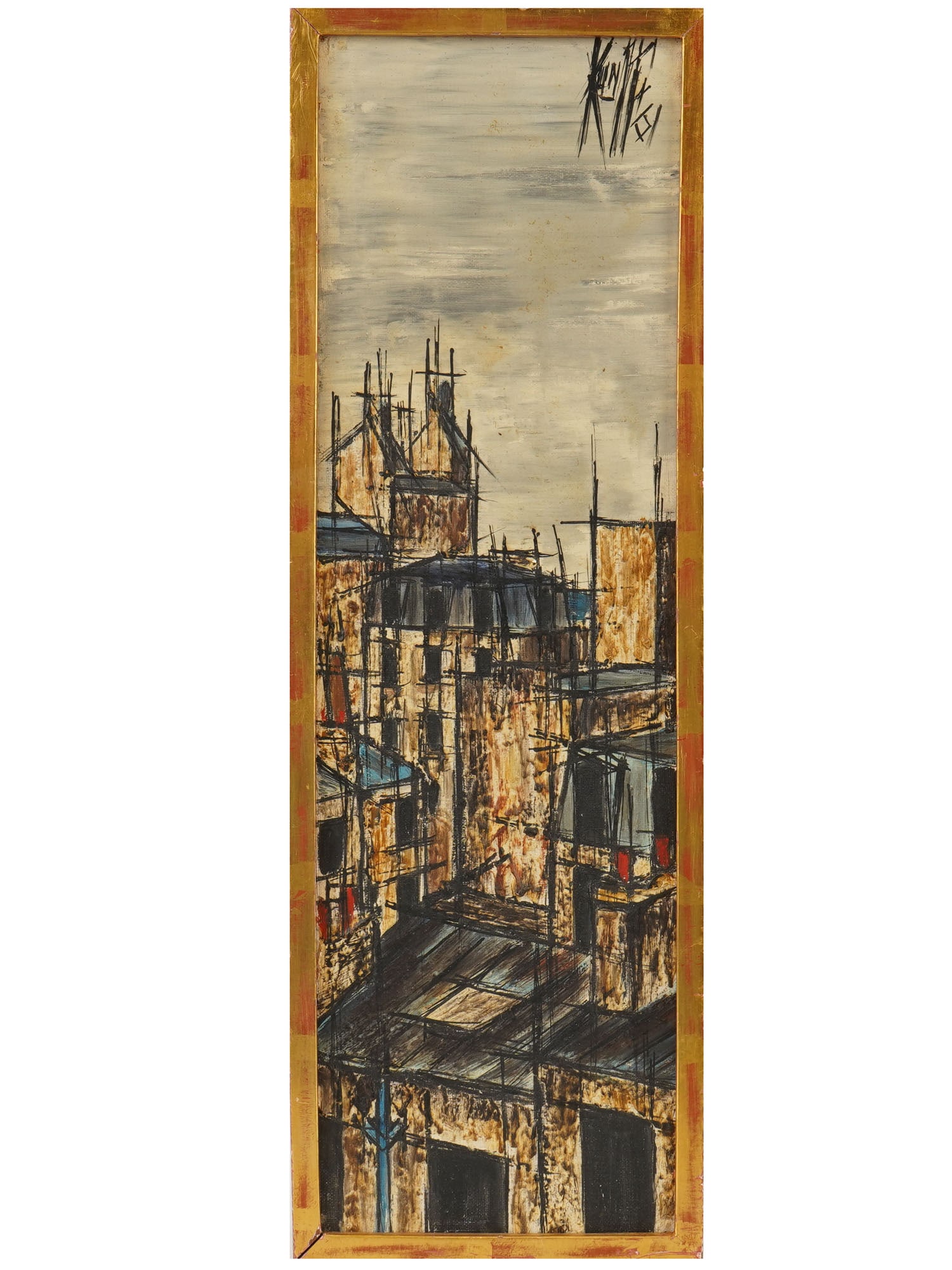 BERNARD BUFFET EXPRESSIONIST CITYSCAPE OIL PAINTING: An oil painting on masonite board depicting an Expressionist cityscape view in the manner of Bernard Buffet. Signed by the artist and dated 61, upper right. Framed. Bernard Buffet, 1928 to 1999, was a