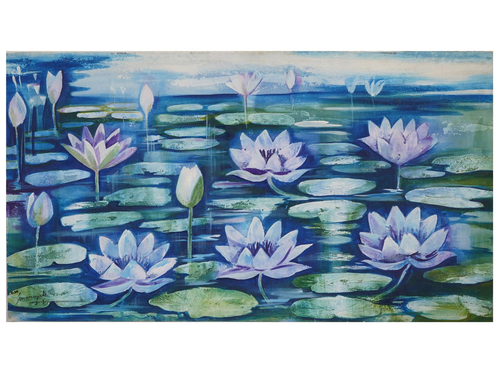 MODERNIST WATER LILIES STILL LIFE OIL PAINTING SIGNED: A Modernist oil painting on canvas depicting a serene pond scene featuring several blooming water lilies in the Expressionist manner. Signed by the artist and probably dated, lower left. Modernist and