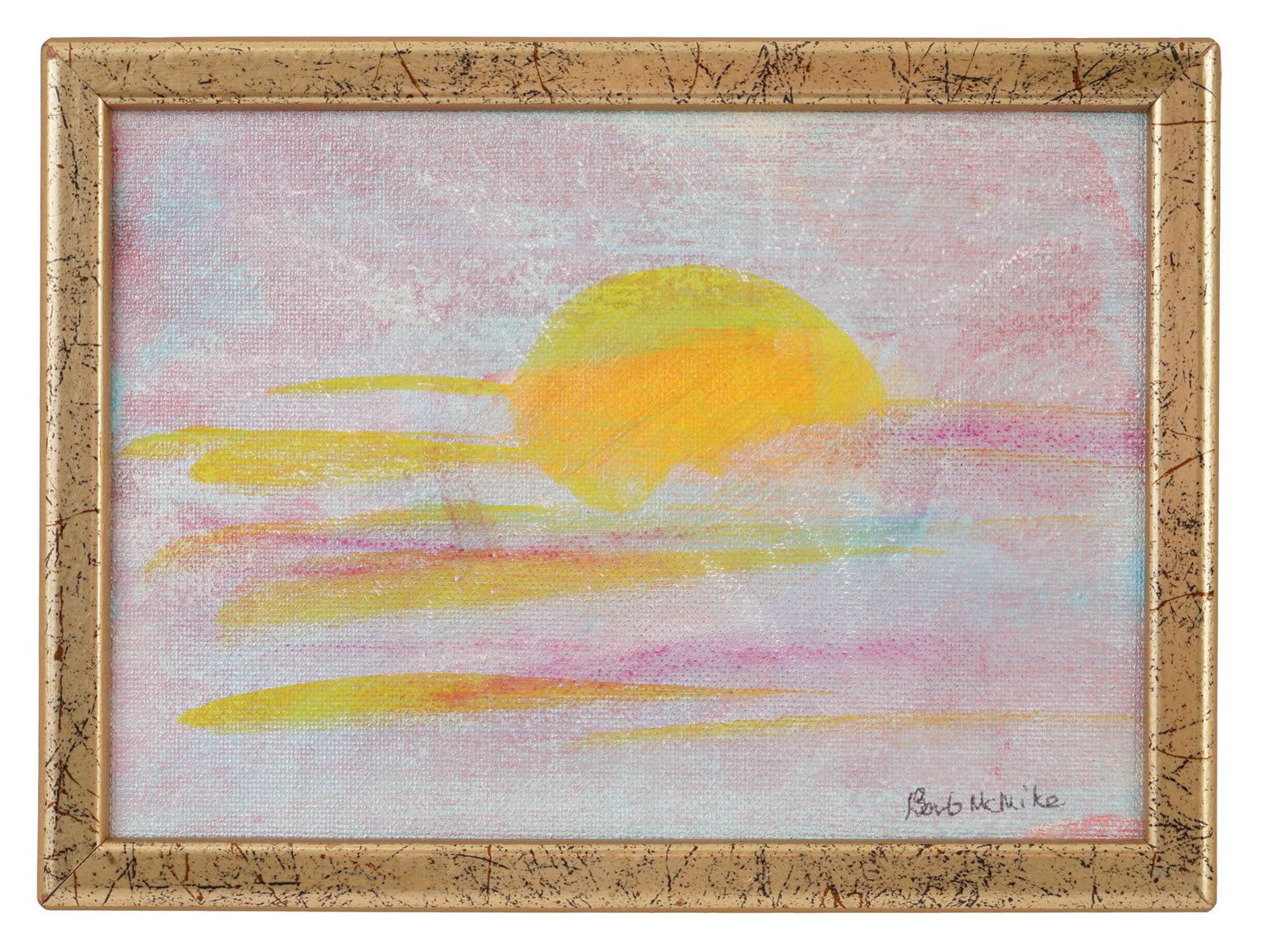 MODERN OIL PAINTING SIGNED BARB MCMIKE SUNSET LANDSCAPE: A modern oil painting on canvas over board depicting a stylized sunset landscape. The composition features a radiant golden sun set against soft pink and lavender tones. Signed Barb McMike the lower r