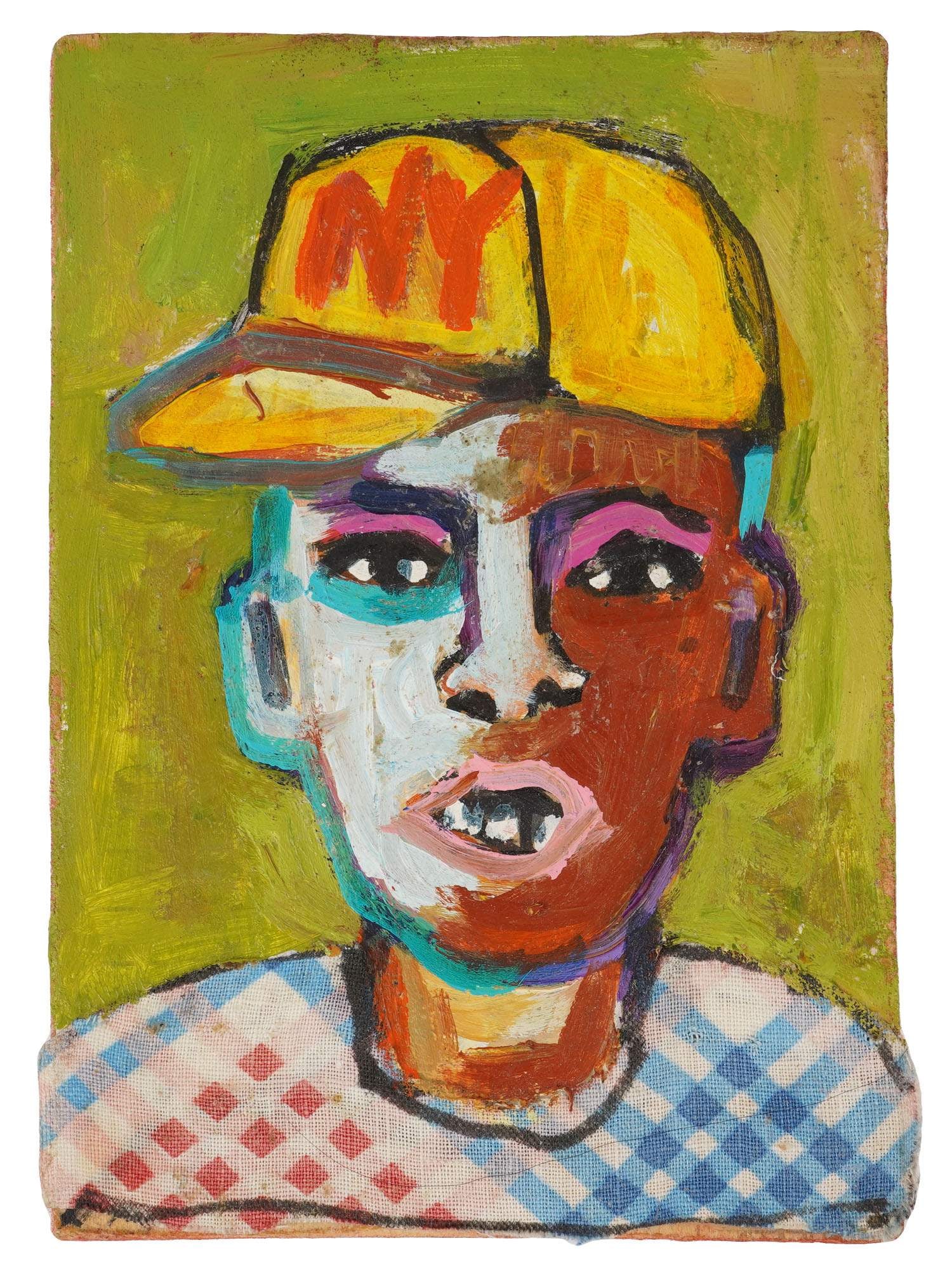 MODERN PAINTING SIGNED NICK PEATE PORTRAIT OF A FIGURE: A modern oil painting on a wood panel, depicting a stylized portrait of a figure wearing a yellow cap with a bold NY emblem. Signed Nick Peate, dated 2019, and inscribed Nick and The Peeps on the reve