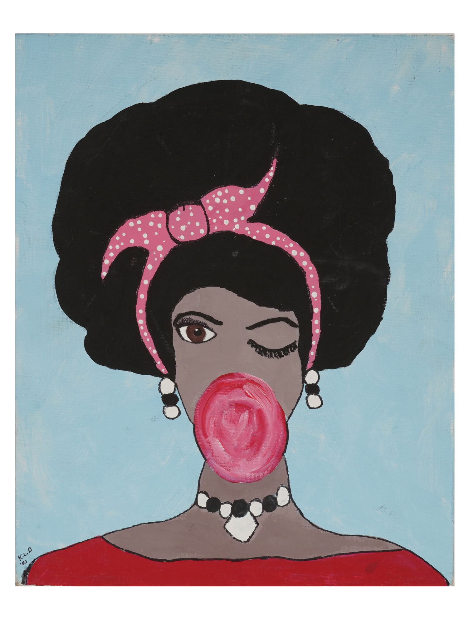 MODERN OIL PORTRAIT PAINTING SIGNED KLD DATED 2021: A modern oil portrait painting on canvas over board depicting a stylish woman with an afro hairstyle blowing a pink bubble gum bubble. Signed with the initials K.L.D. and dated 2021 lower left. Contem