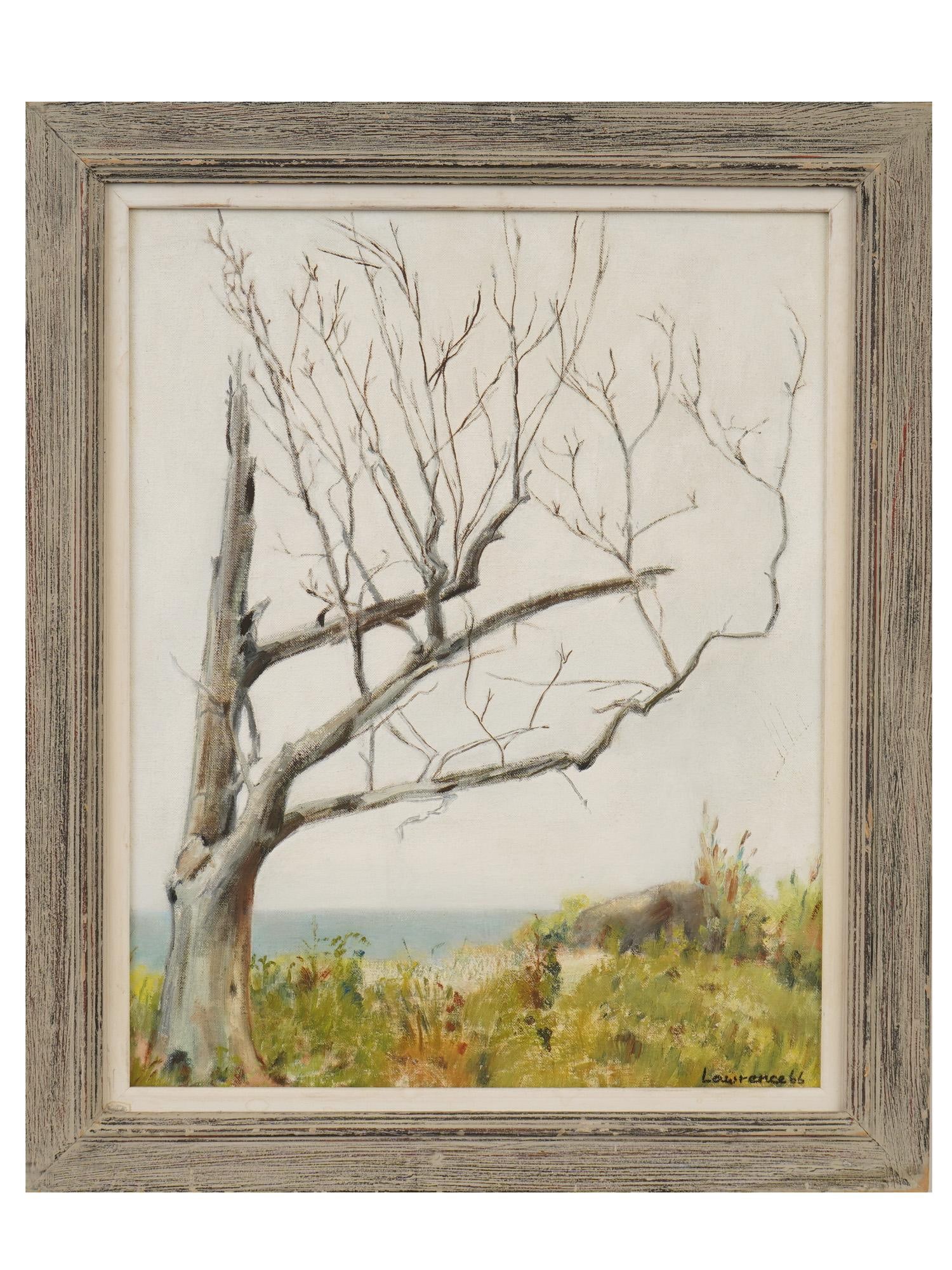 MID CENTURY LANDSCAPE OIL PAINTING SIGNED LAWRENCE: Oil painting on canvas. View of a bare tree against the seaside. Signed Lawrence and dated 1966 lower right. Framed. Collectible Fine Art, Figurative Painting, Landscape, Wall Decor. THIS LOT IS ELIGI