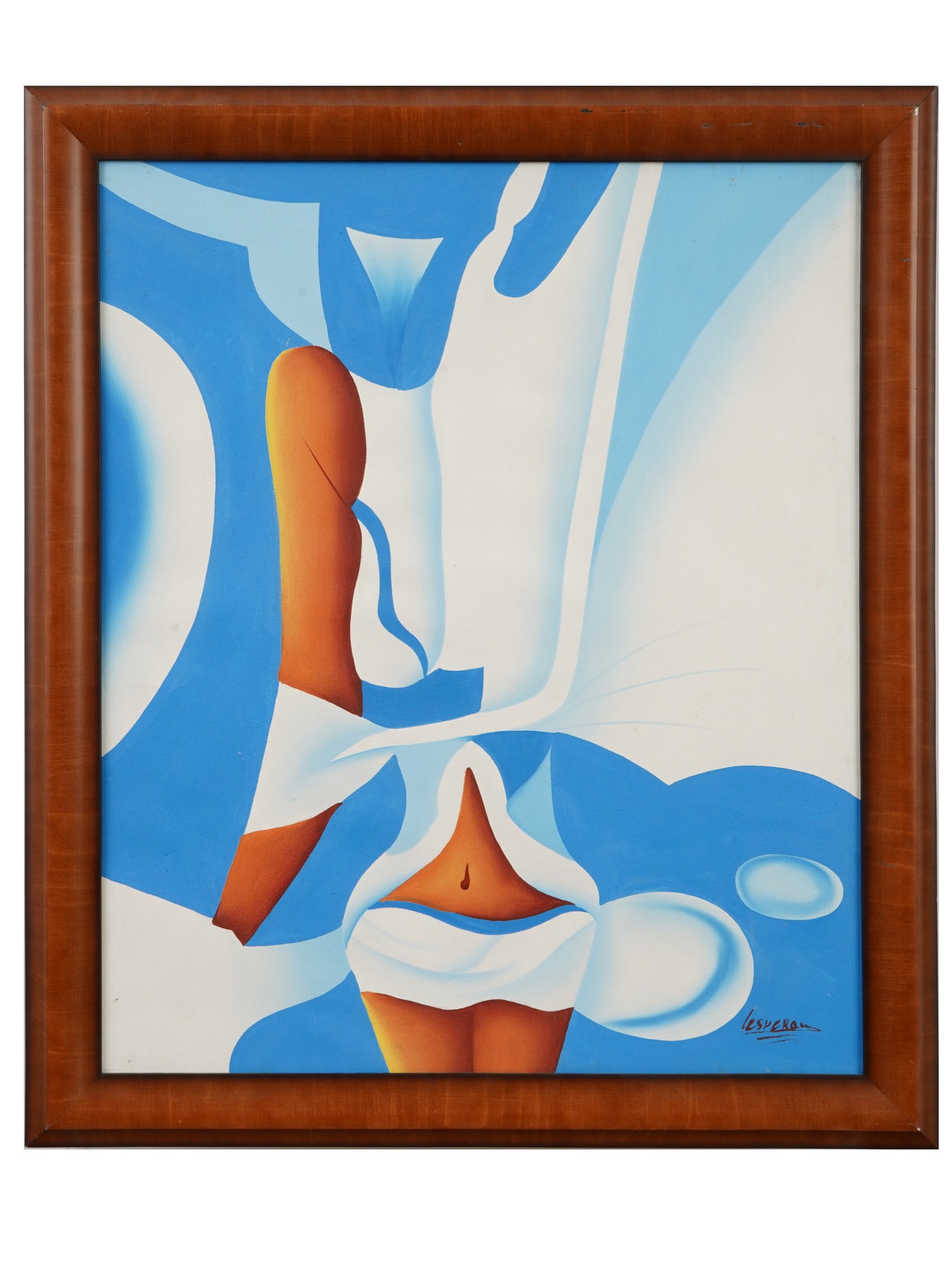 FEMALE FIGURE OIL PAINTING SIGNED LESPERAU: Oil painting on canvas. The artwork depicts a split headless female figure in white attire against the blue background. Signed Lesperau lower right. Undated, ca. late 20th century. Framed. Collectible
