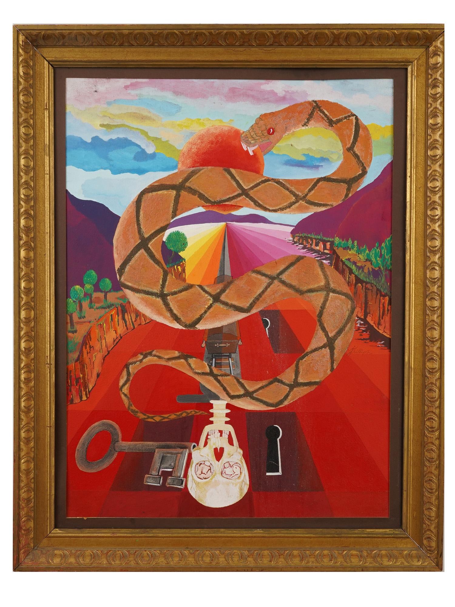 SURREALIST ACRYLIC PAINTING SIGNED C. PHILLIPS: Acrylic painting on cardboard. Surrealist composition featuring a snake biting the sun, a key, a scull, a railroad, and a coffin. Signed C. Phillips to the right. Undated, ca. late 20th century. Frame