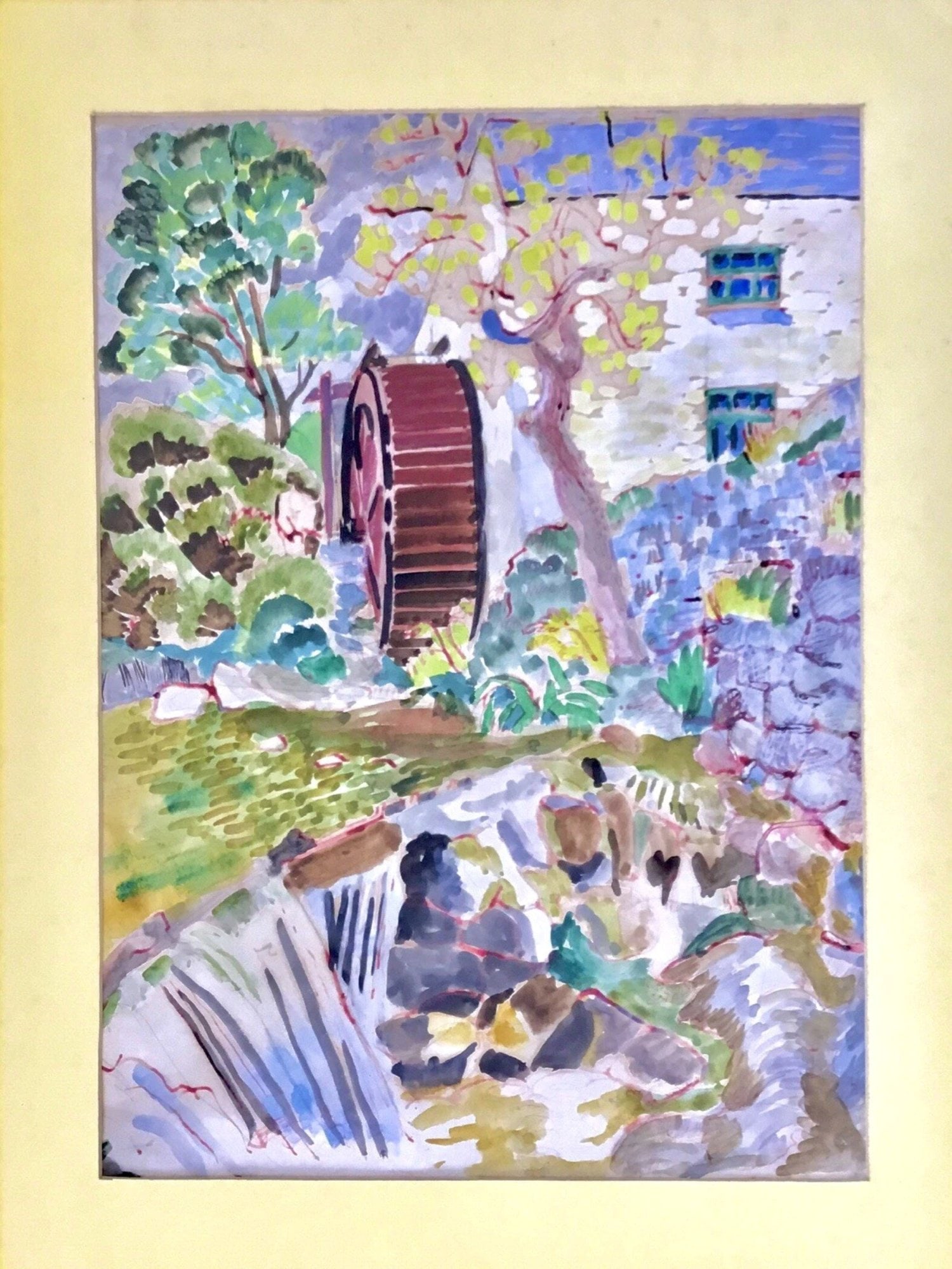 ATTRIBUTED TO NELLIE AUGUSTA KNOPF (AMERICAN, 1890–1965): A charming pair of original watercolour paintings attributed to American artist Nellie Augusta Knopf, depicting picturesque rural and industrial scenes rendered in a distinctive impressionistic style.