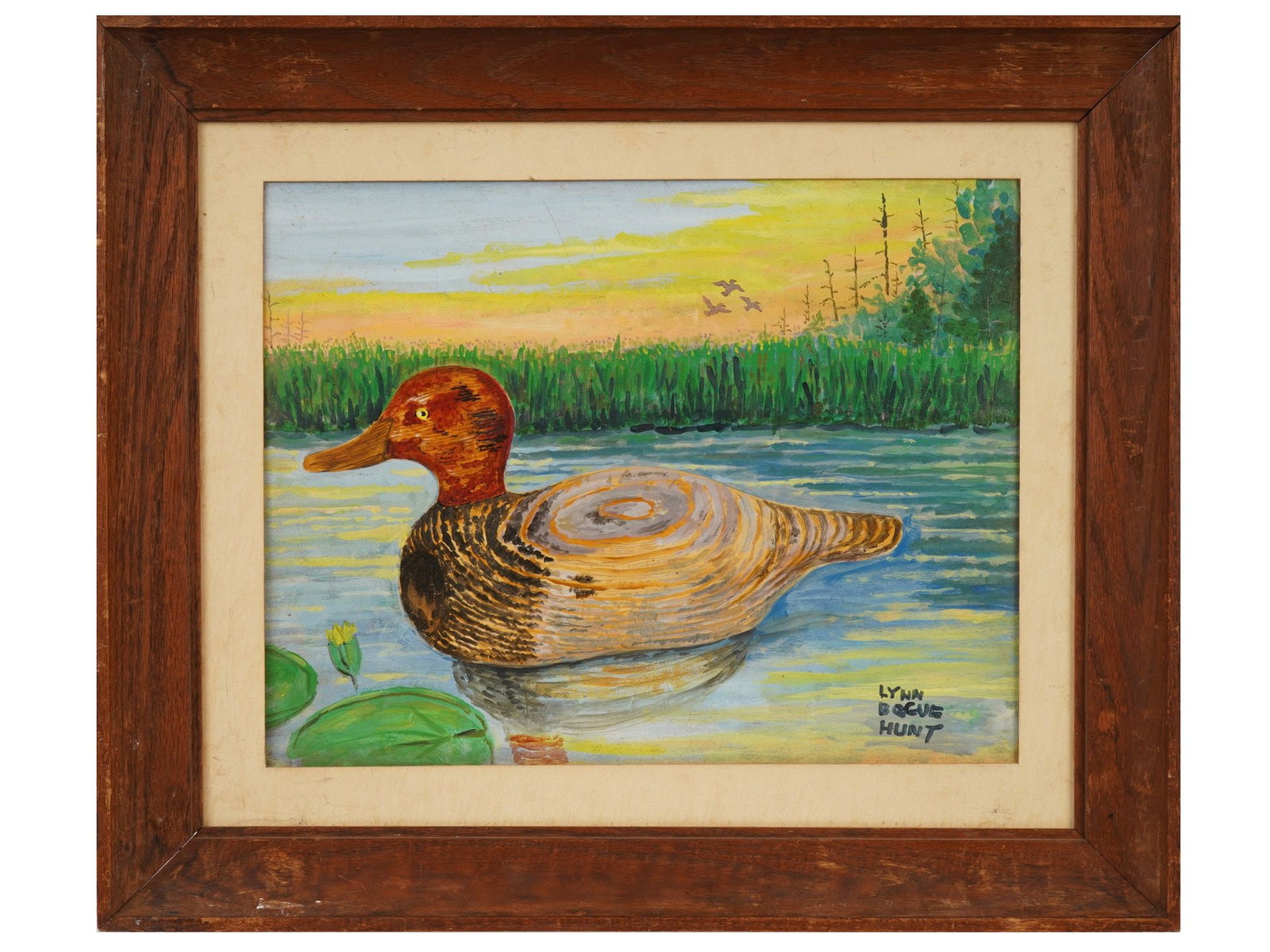 AMERICAN DUCK OIL PAINTING SIGNED LYNN BOGUE HUNT: An oil painting on cardboard depicting a portrait of a duck on a pond. Signed, Lynn Bogue Hunt, lower right. Framed. Lynn Bogue Hunt, 1878 to 1960, was an American wildlife artist, and illustrator of 
