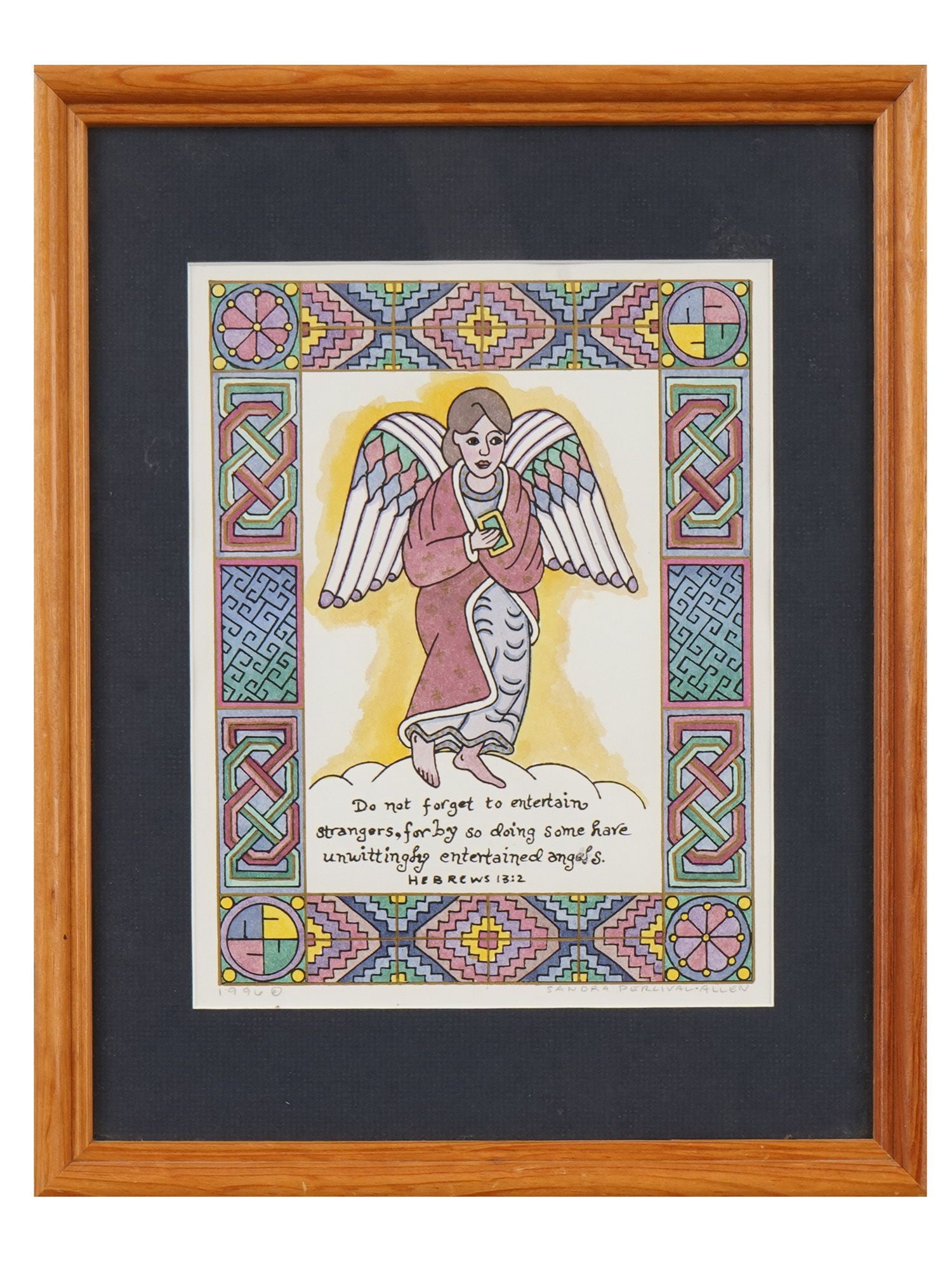 MODERN PAINTING SIGNED SANDRA PERCIVAL ALLEN: A modern mixed media painting on paper, signed Sandra Percival-Allen and dated 1996. The illuminated-style composition depicts an angel holding a book, surrounded by intricate Celtic-inspired borders 