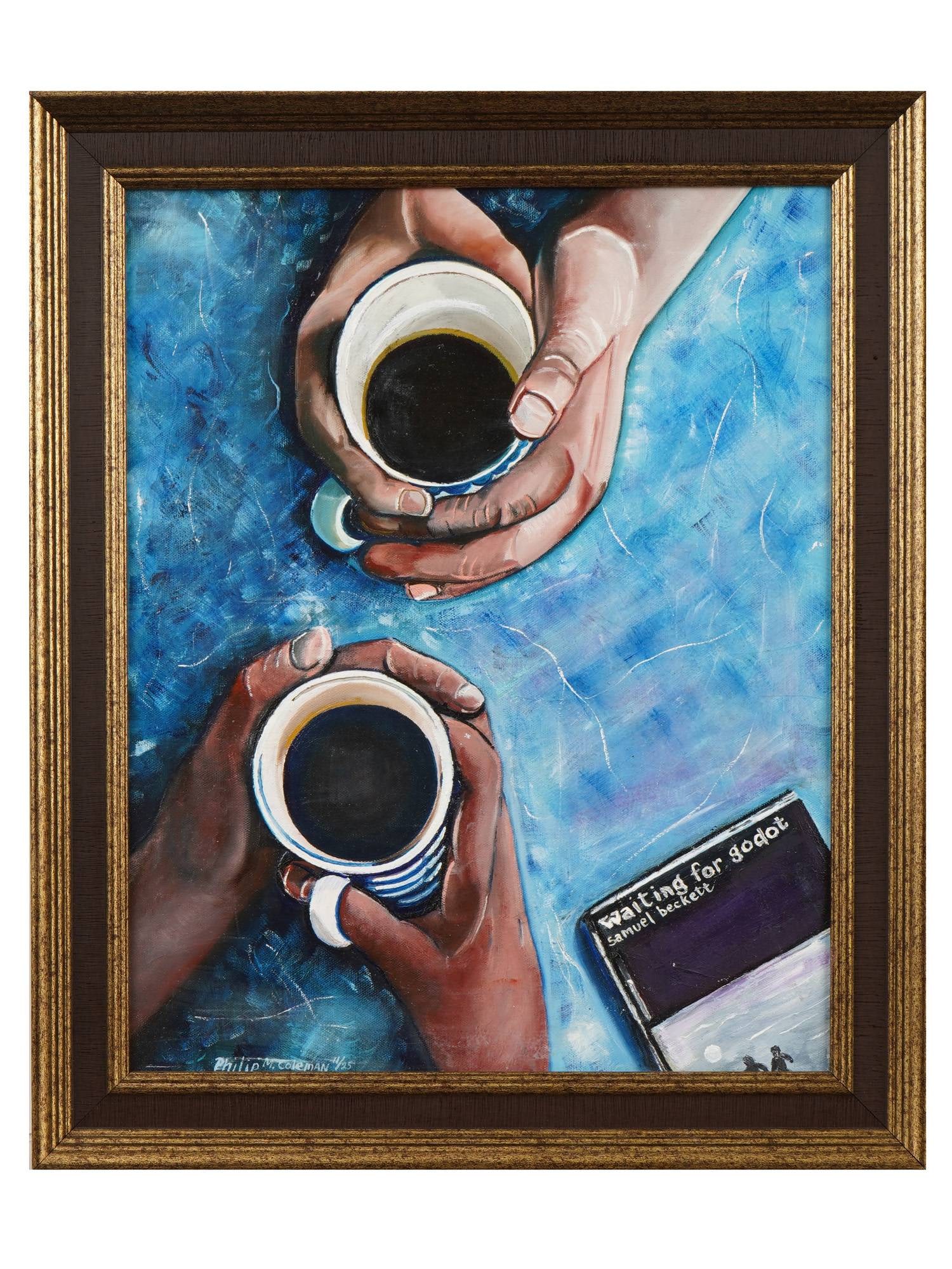 PAINTING SIGNED PHILIP M. COLEMAN COFFEE WITH BECKETT: A modern oil painting on canvas, signed Philip M. Coleman. The composition presents an overhead view of two figures sharing coffee at a textured turquoise table, titled Coffee with Beckett. Contempora